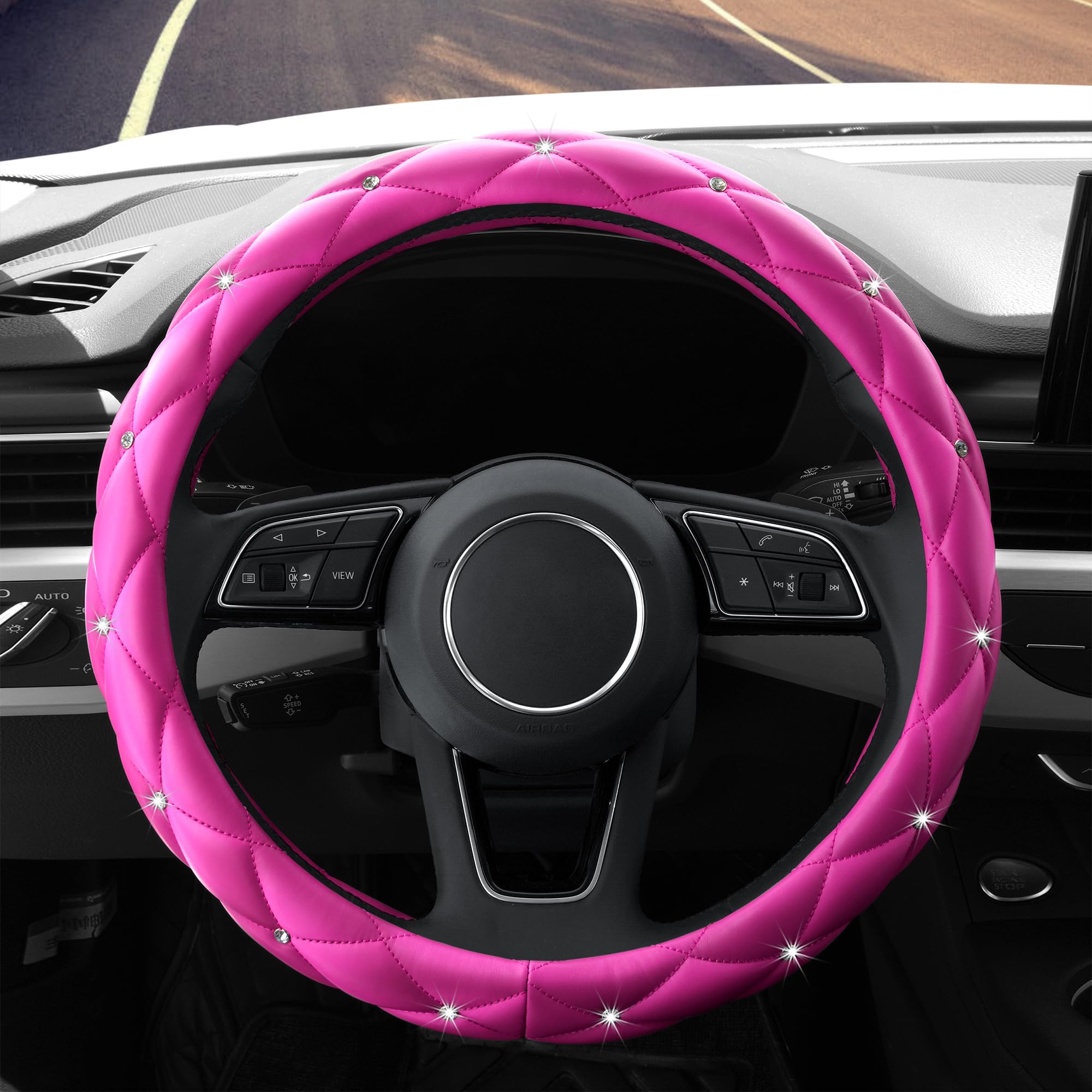 Yogurtck Cute Diamond Soft Leather Anti-Slip Steering Wheel Cover With Bling Bling Crystal Rhinestones, Universal 15 Inch For Wo