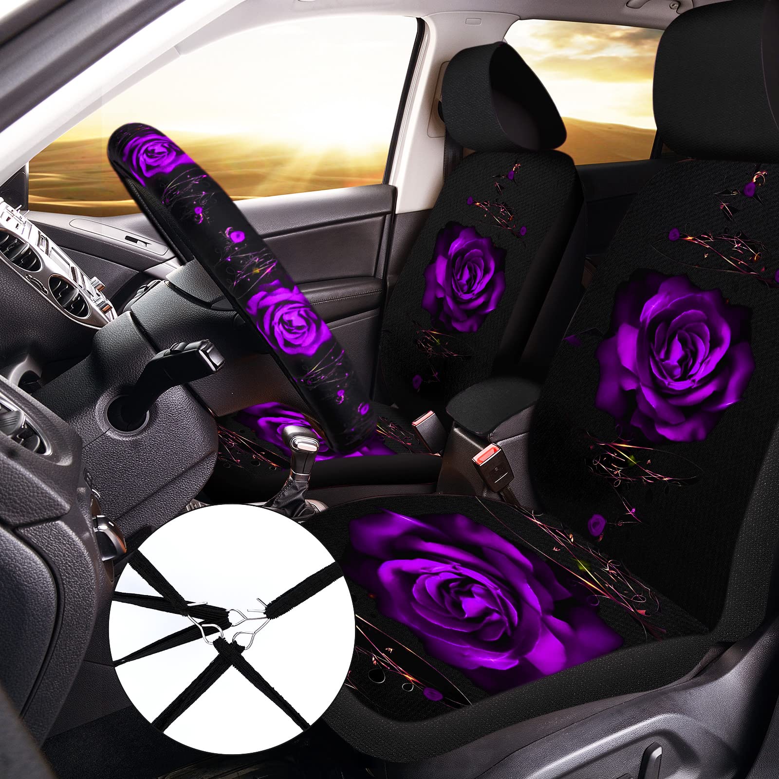 Tallew 15 Pcs Rose Flower Car Seat Covers Set for Women, Universal Full Set with Rubber Steering Wheel, Armrest, Seatbelt Covers