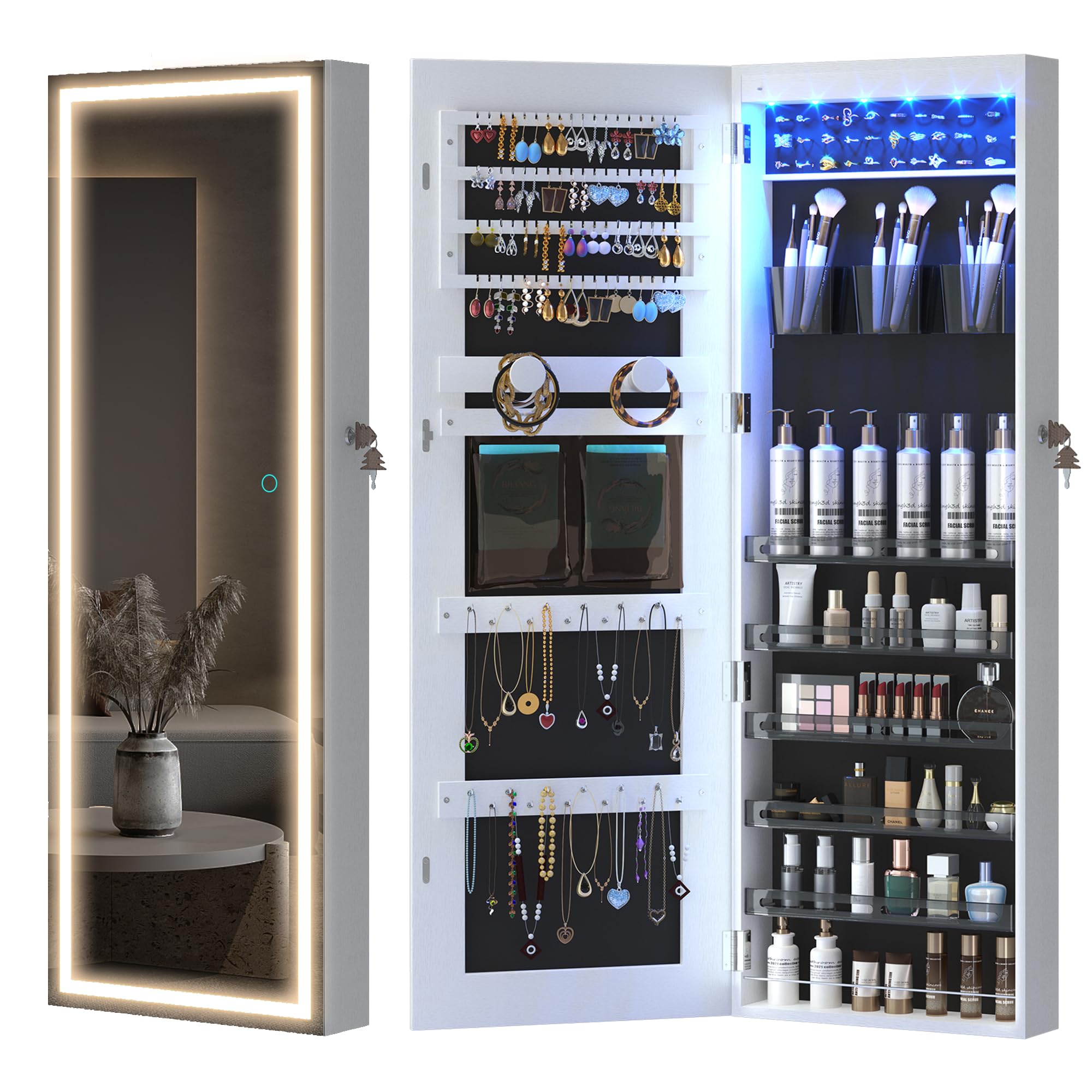 Lvsomt Led Mirror Jewelry Cabinet, Wall/Door Jewelry Organizer Armoire, Full Length Mirror With Jewelry Storage, Over Door Jewel