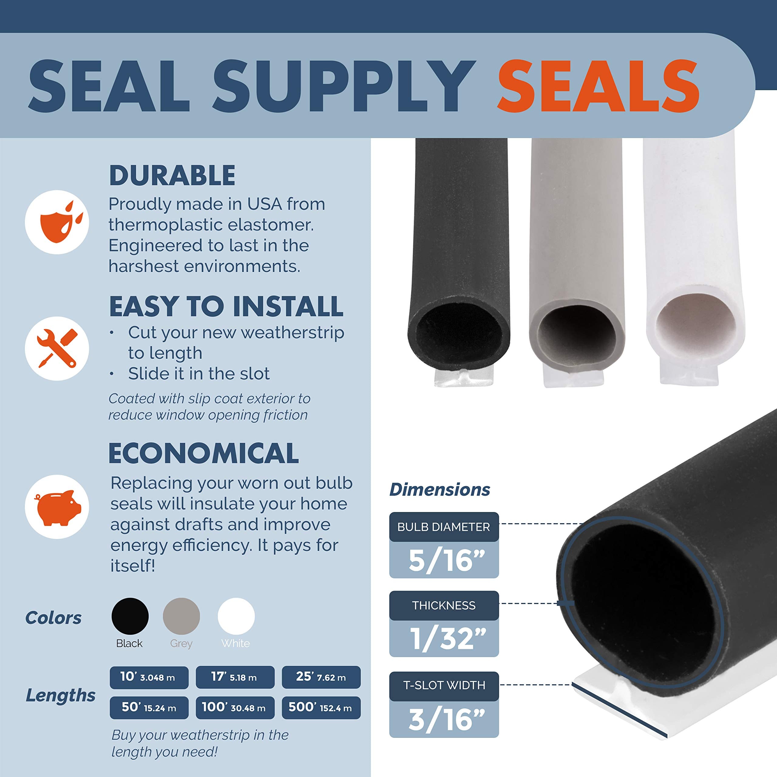 T-Slot Mount Window Weatherstrip Seal 5/16' Bulb Bubble For 3/16' Slot Receptacle 3 Colors & 5 Length Options (25', Black)