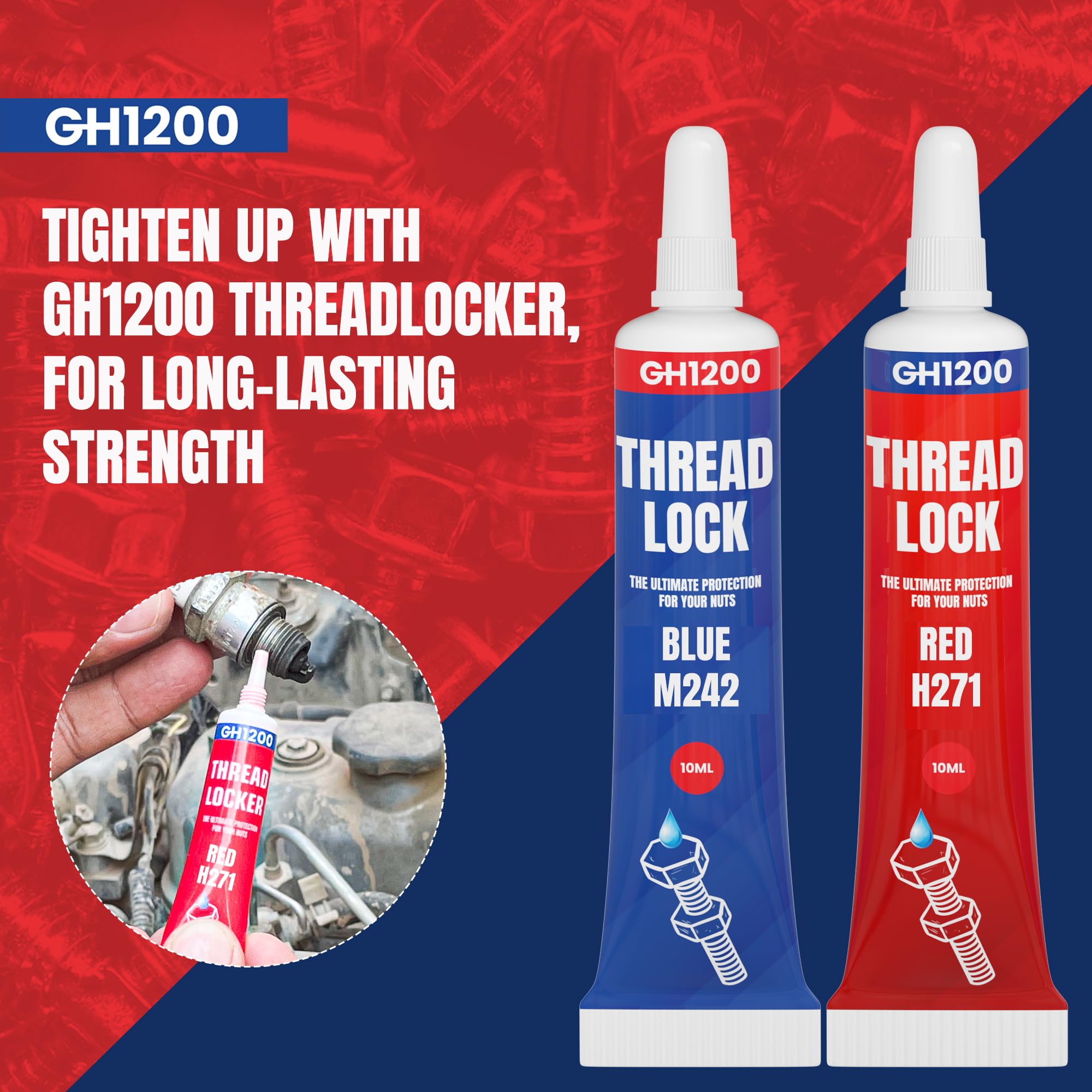 Gh1200-10Ml X 4 Pack Thread Lock Medium & Strong Strength For Nuts, Bolts, And Metals, Threadlocker Lock Tight & Seal Fasteners