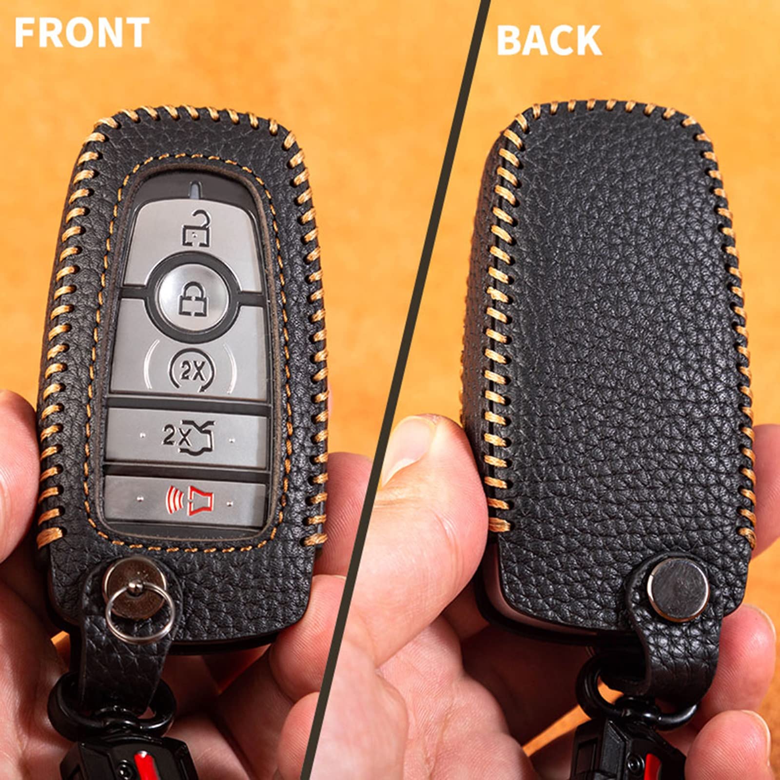 Yonufi For Ford Key Fob Cover Keychain Leather Car Smart Key Case Protector Holder Compatible With 2017-2024 Bronco Escape Musta