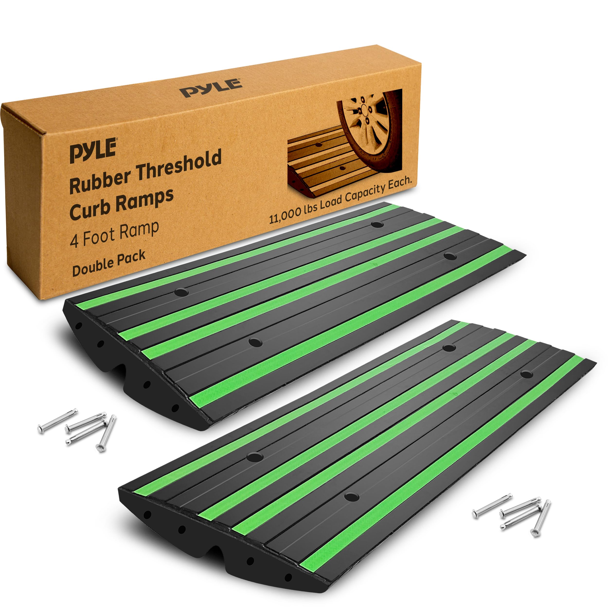 Pyle 8 ft. Rubber Curb Ramp Set, Pack of 2 Heavy Duty Non-Slip Threshold Ramps for Driveways, Garages, Sidewalks, Wheelchairs an