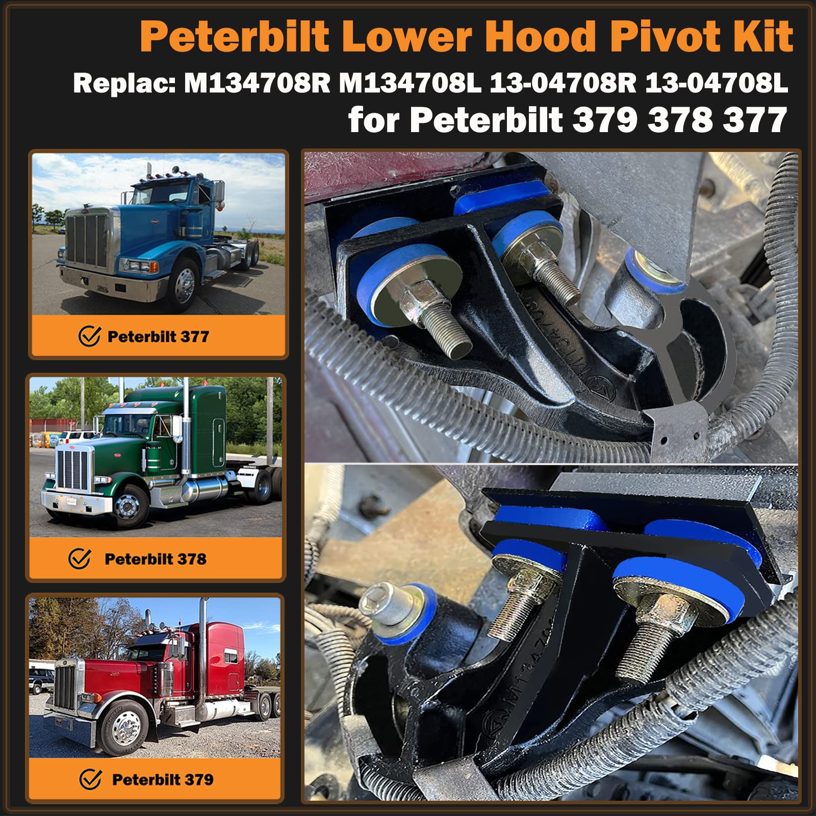 M134708R & M134708L Both For Peterbilt Lower Hood Pivot Kit And Engine Hood Hinge Pivot Bolt Kit Fits For Peterbilt 377 378 379 Replac:13-04708R 13-04708L 13-04154 13-04164