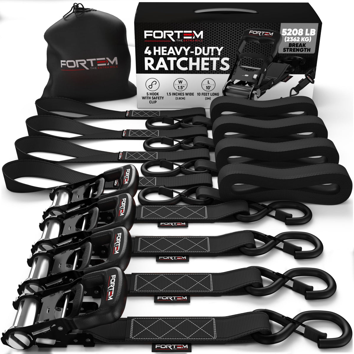FORTEM Ratchet Tie Down Straps, 5208lb Break Strength, (4) 10FT Heavy Duty Straps, (4) Soft Loops, Rubber Coated Metal Handles, 