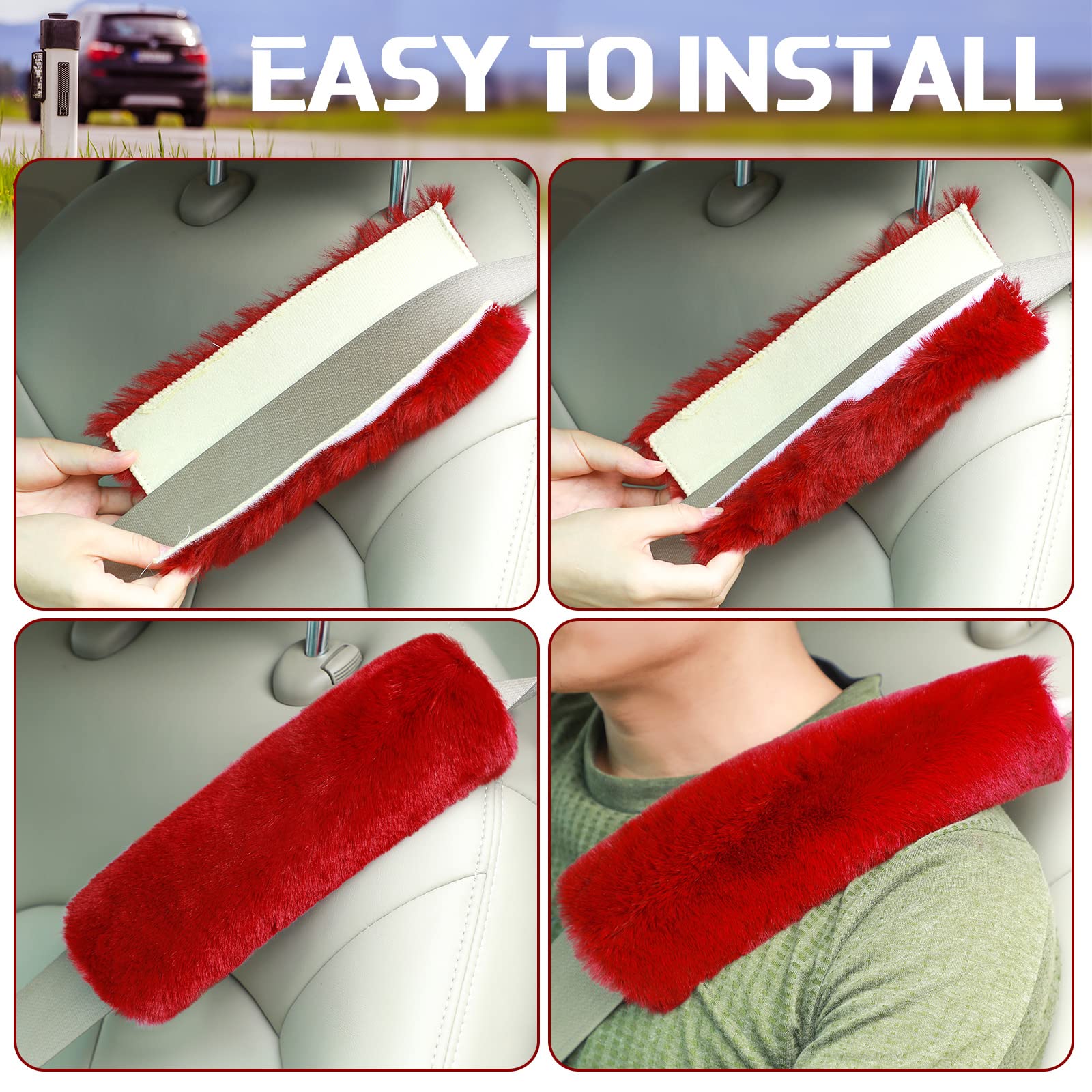 Boao 4 Pack Faux Sheepskin Car Seat Belt Pads Seatbelt Protector Soft Seat Belt Shoulder Strap Cover Comfort Harness Pad(Wine Re