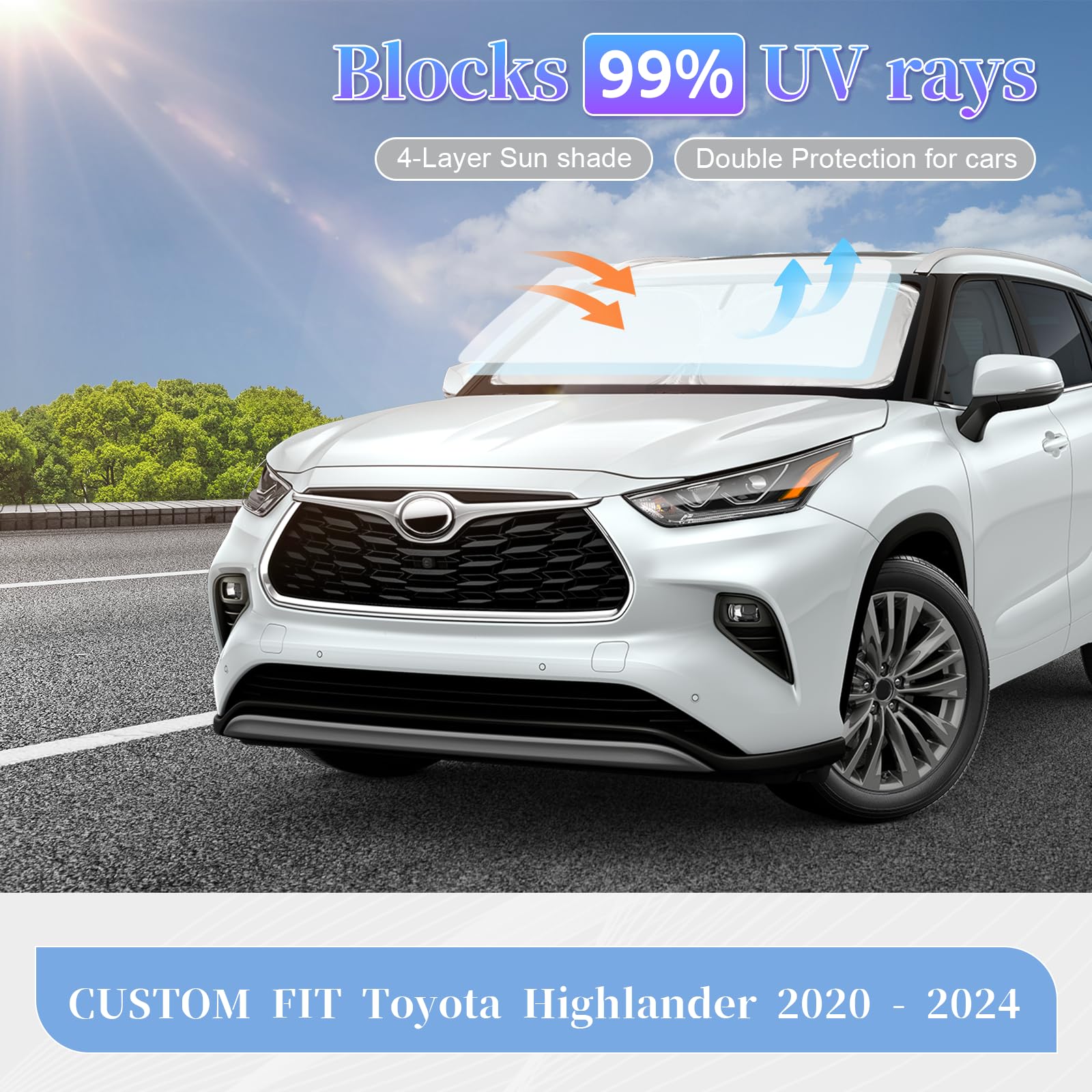 Zoibv For Toyota Highlander 2020-2024 2025 Sun Shade Sunshade Windshield Cover, 4-Layer Front Window Shade Custom Fit Highlander