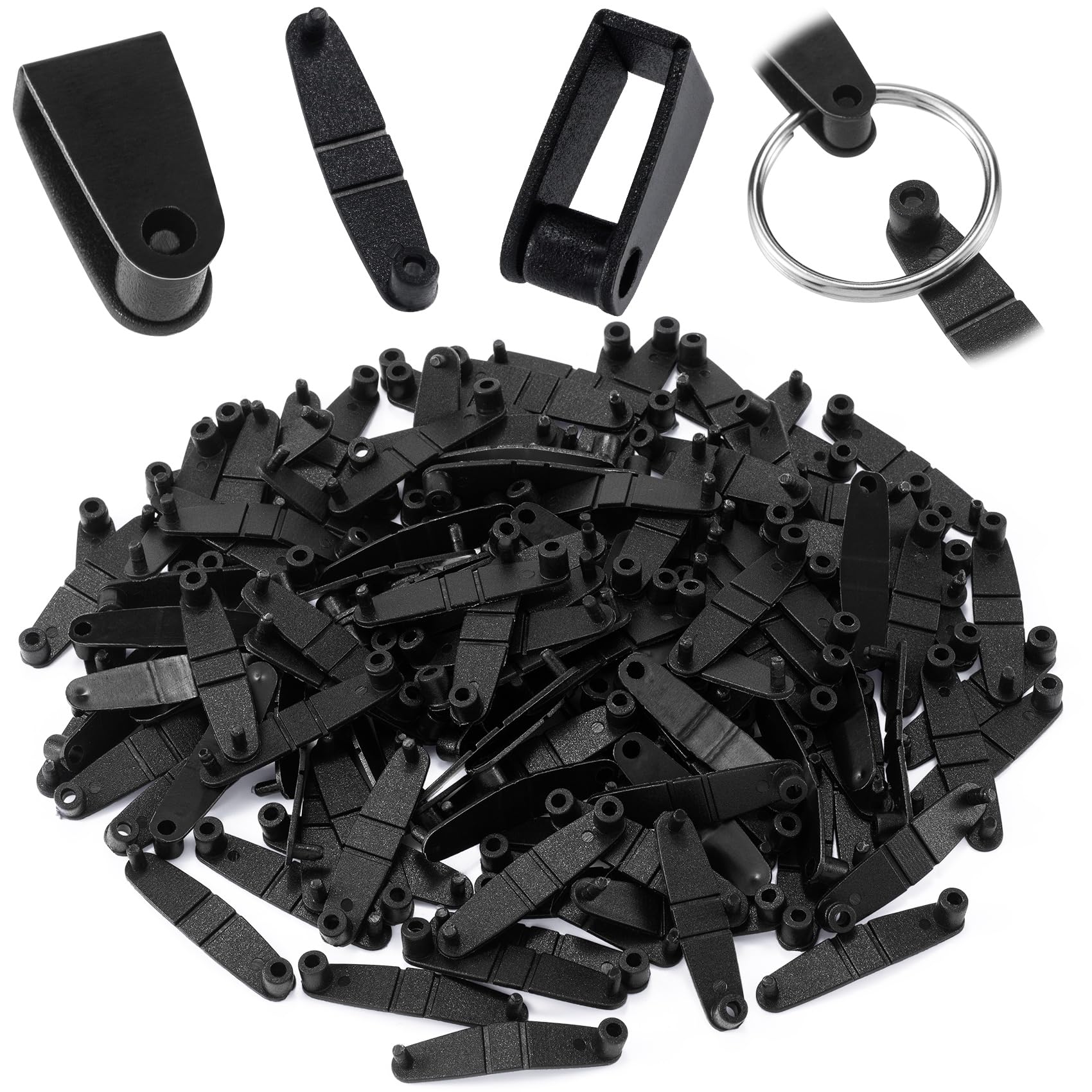 OIIKI 200Pcs Plastic Keychain Clips, Black Keychain Connector Snap Tabs, Badge Strap Clips for Card Holder, Keys Rings, Cards, J