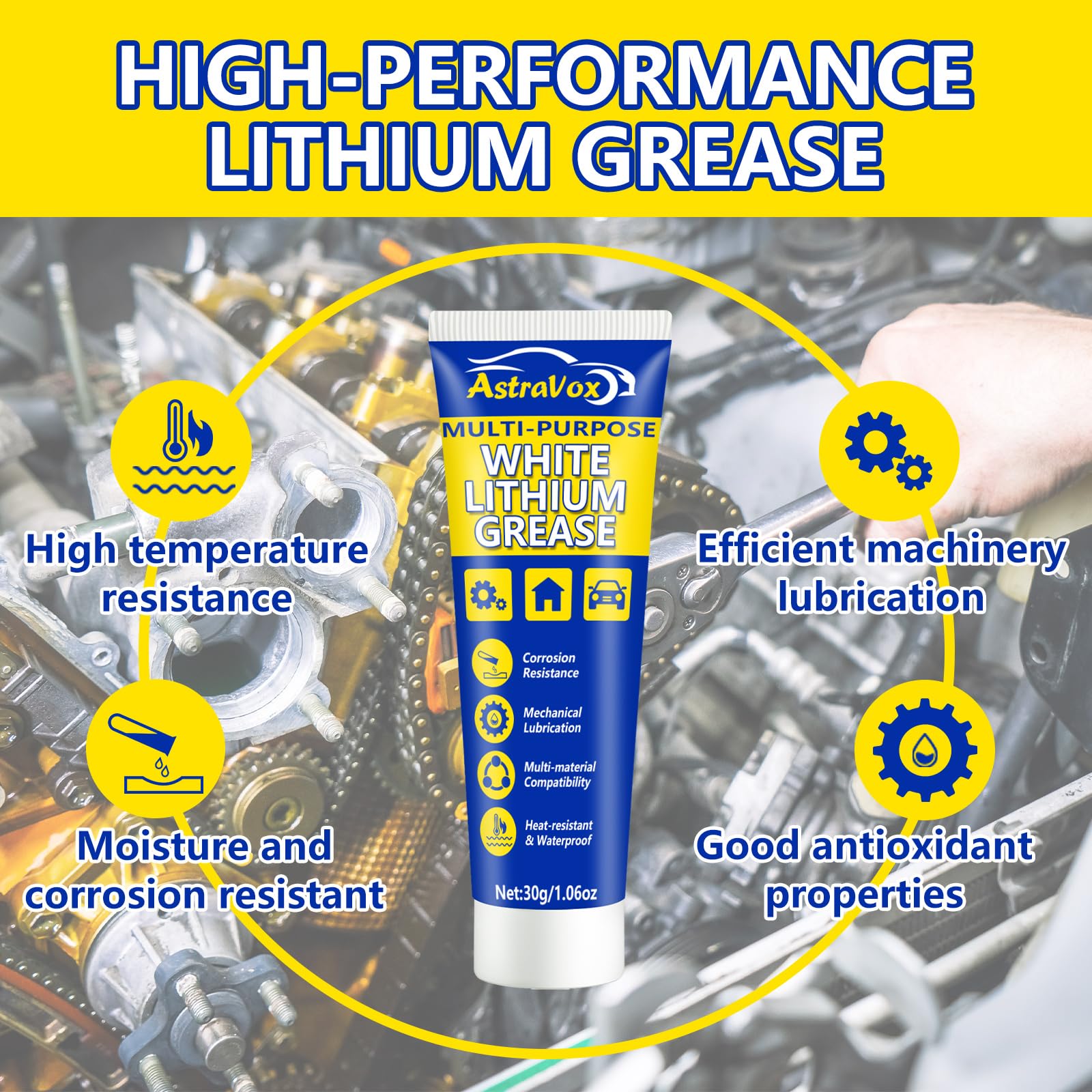 AstraVox White Lithium Grease with Brush, Multi-Purpose Garage Door Lubricant for Hinges, Bearings, Gears, Automotive, Marine, I