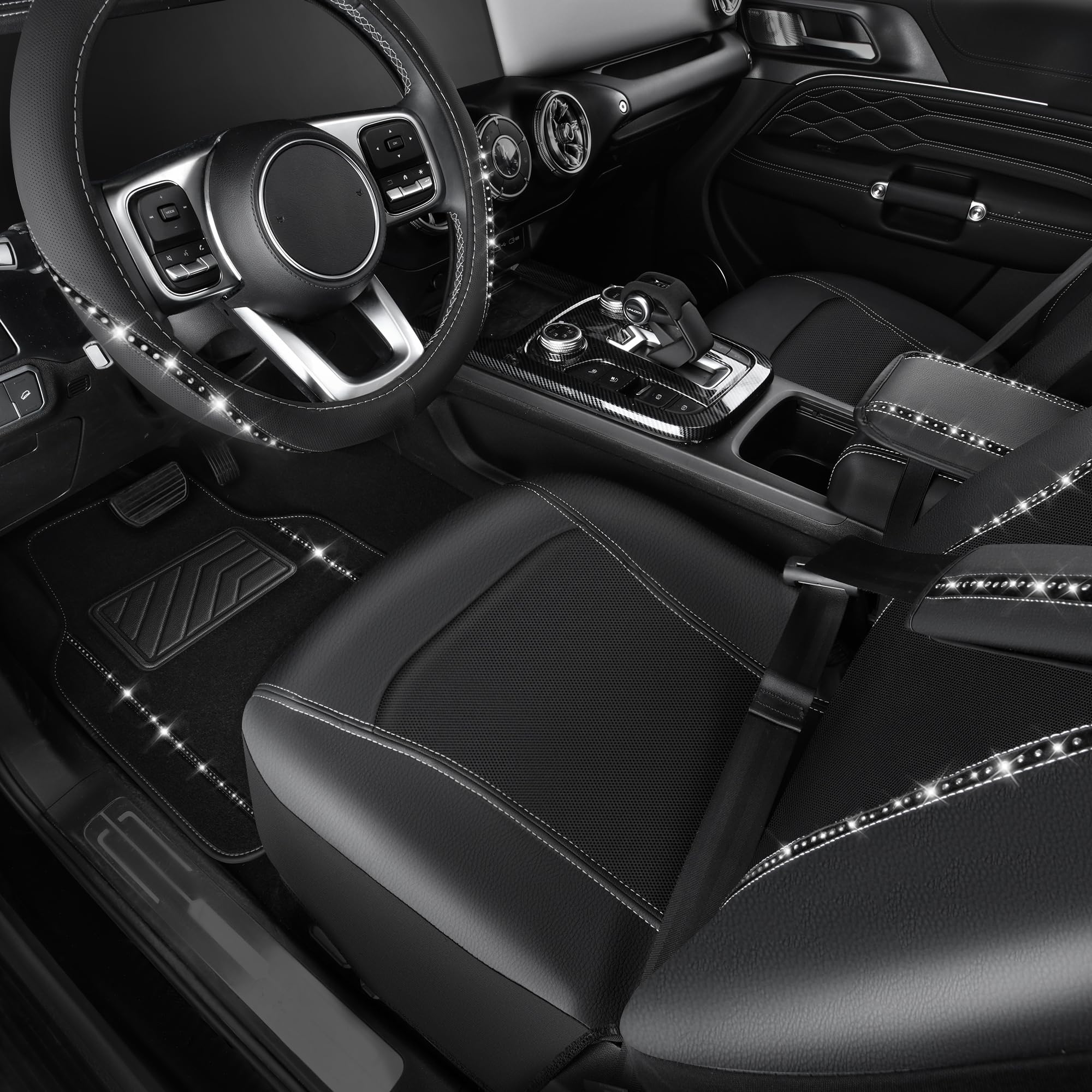 Car Pass 14 Pcs Bling Car Accessories Set For Women, Leather Car Seat Covers Front Seats Sparkly Rhinestone 15'' Steering Wheel