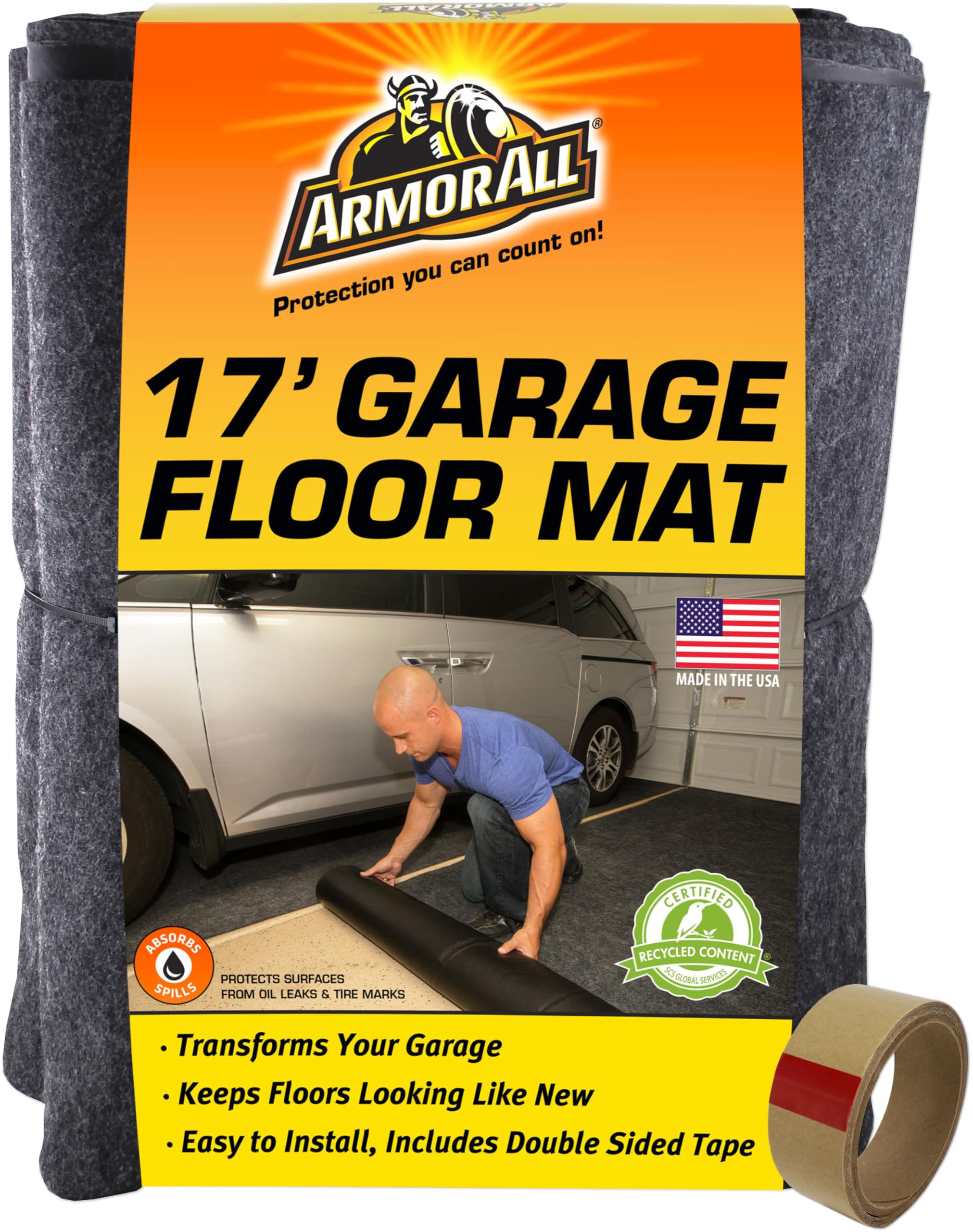 Armor All Original Garage Floor Mat, (17' x 7'4), (Includes Double Sided Tape), Protects Surfaces, Transforms Garage - Absorbe