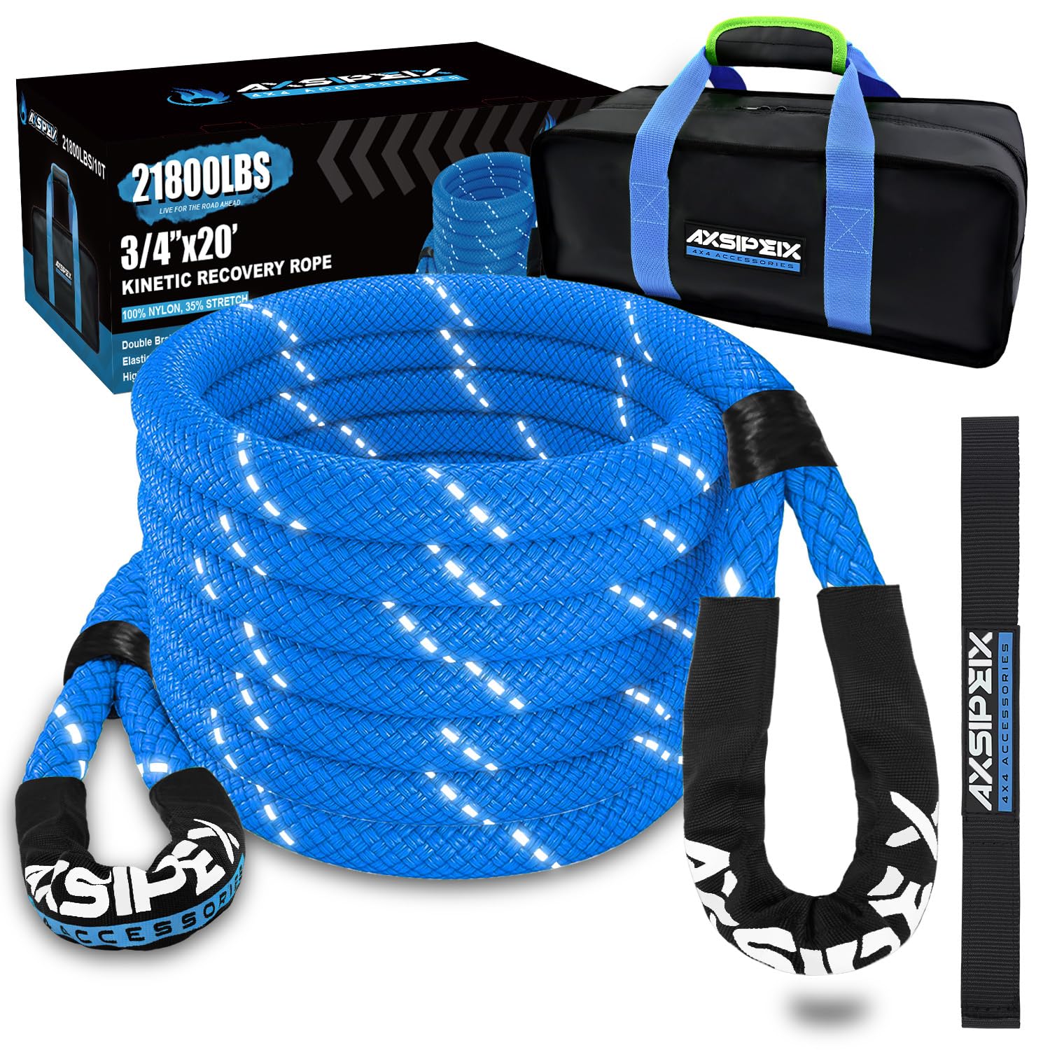 Axsipeix 3/4''  20Ft Kinetic Recovery Rope (21,800Lbs) Heavy Duty Offroad Kinetic Rope For Utv, Atv, Suv, Car (Blue)