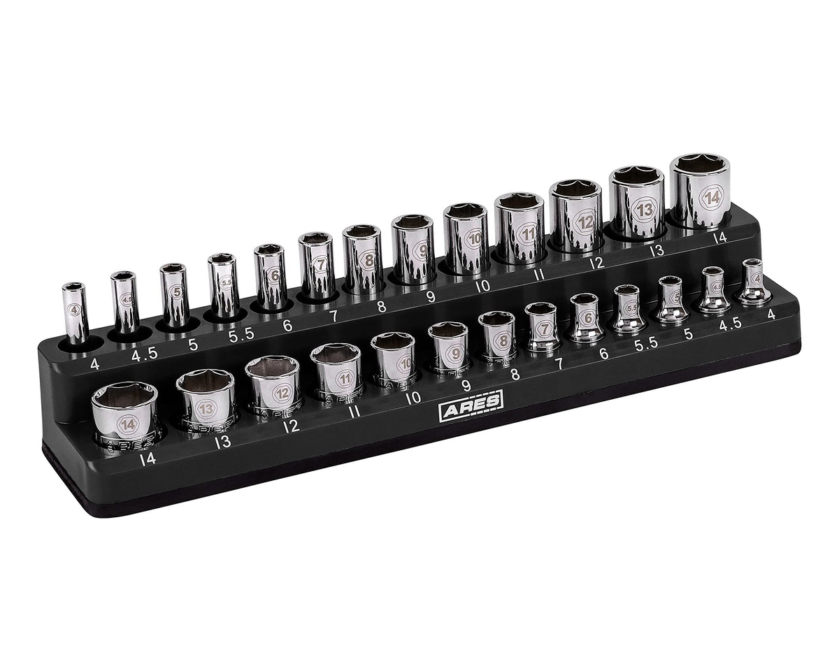 Ares 70233-26-Piece 1/4-Inch Metric Magnetic Socket Organizer - Holds 13 Standard Size And 13 Deep Size Sockets - Keeps Your Too