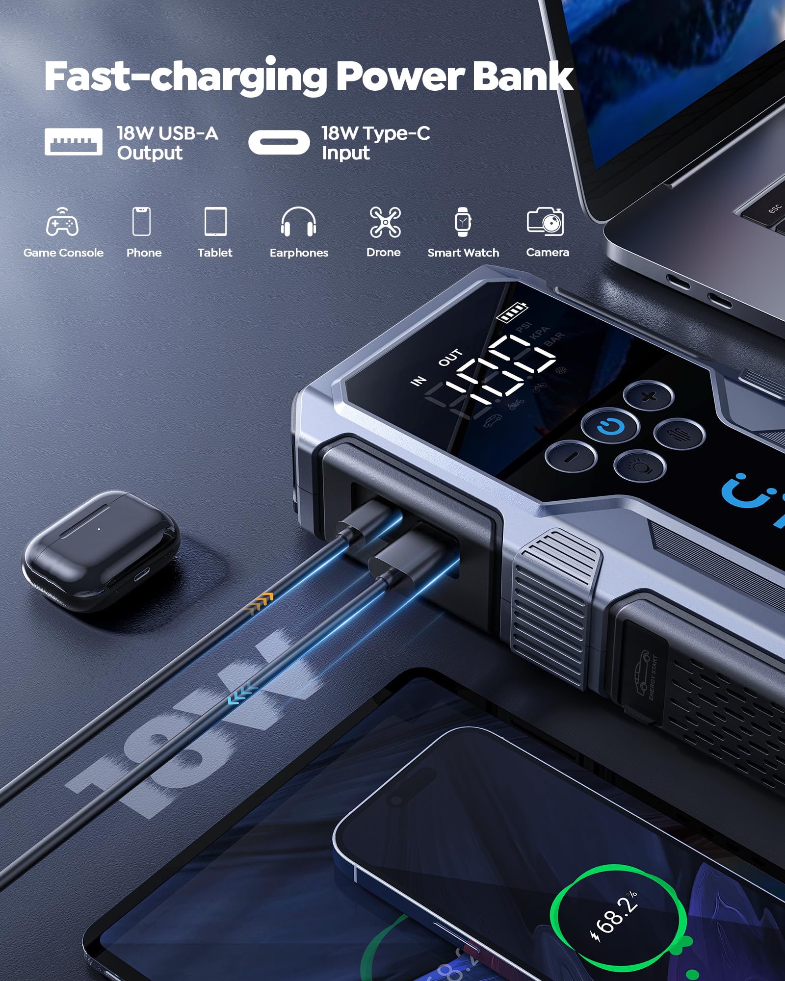 Portable Car Jump Starter with Air Compressor, UTRAI 4000A 150PSI Car Battery Jump Starter 12V Jump Start Battery Pack Jump Box