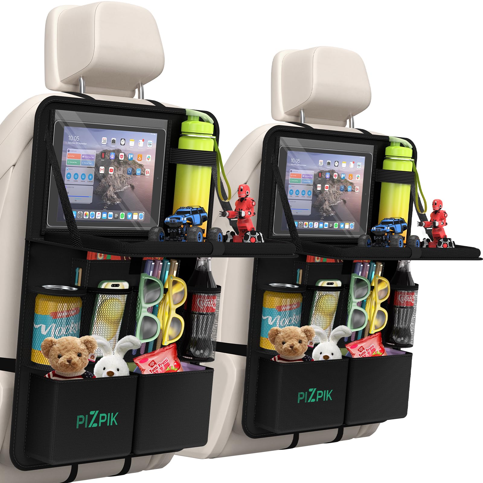 Plzpik Car Backseat Organizer with Tablet Holder,11 Storage Pockets with Foldable Food Tray, Protector Kick Mats for Kids, Trave