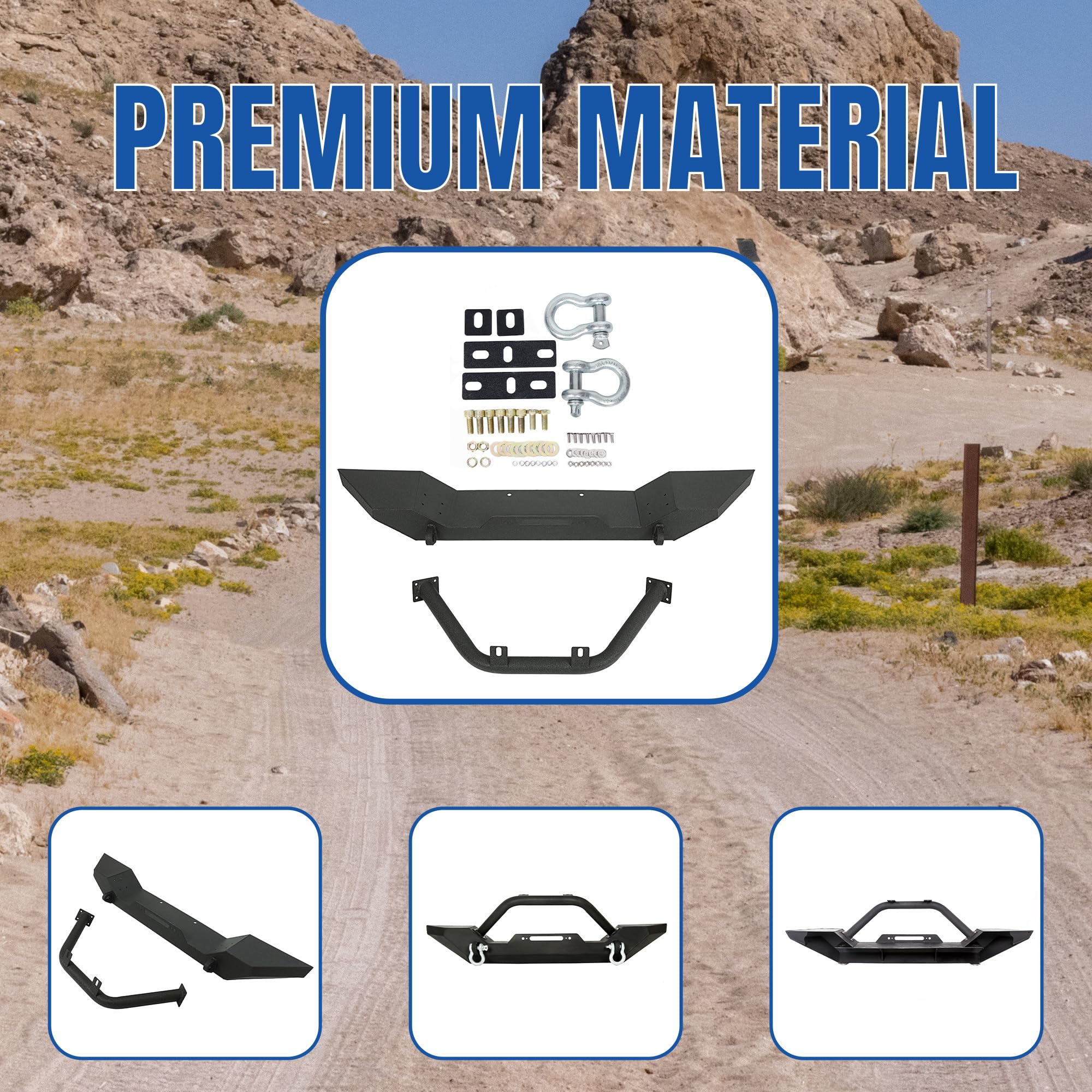 Kuafu Front Winch Bumper Black Compatible With 1986-2006 Jeep Wrangler Tj Yj With D-Rings And 2 Led Lights