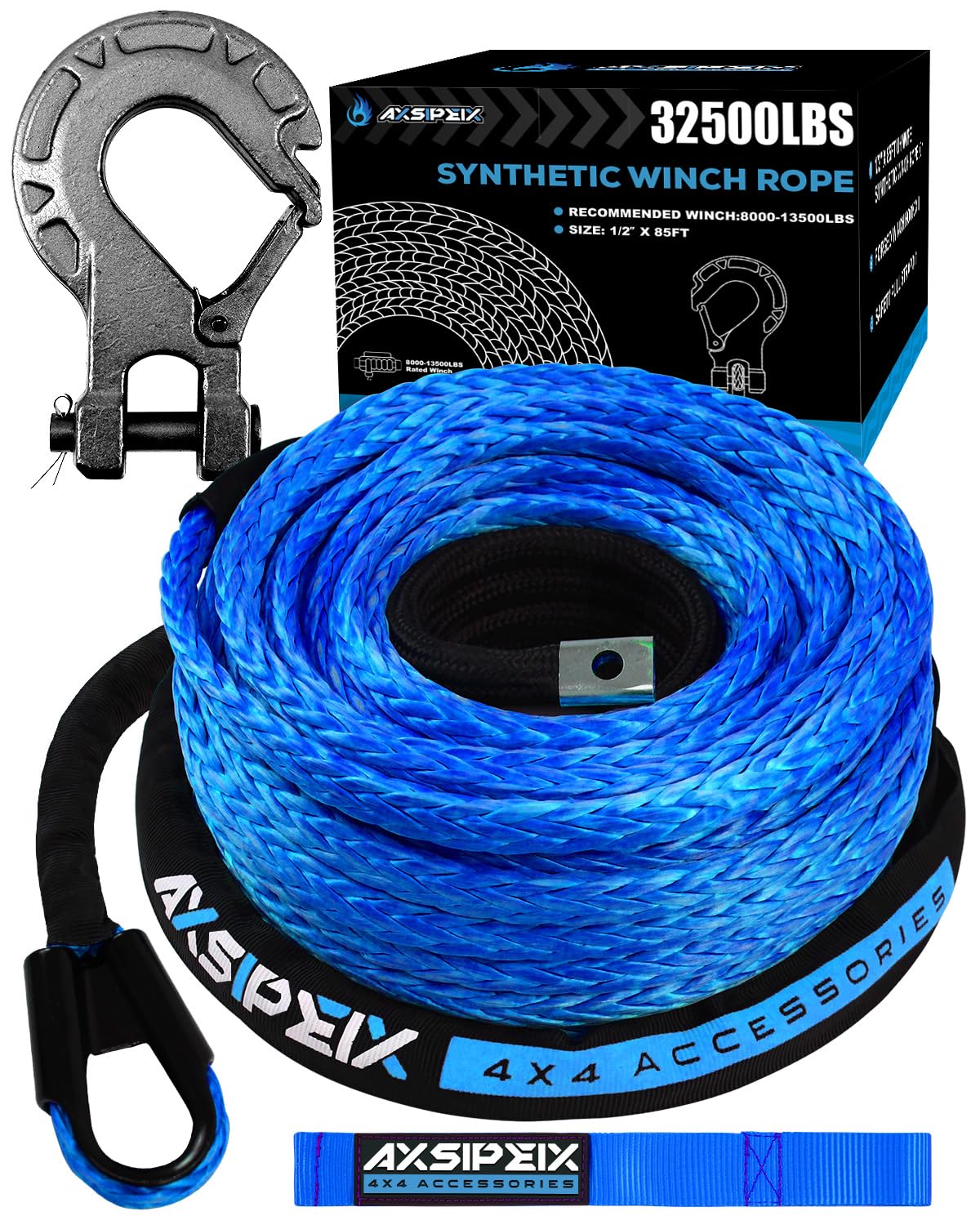 AXSIPEIX Synthetic Winch Rope Kit, 1/2 x 85ft 32500LBS Blue Winch Cable with Protective Sleeve, Forged Winch Hook and Safety Pul