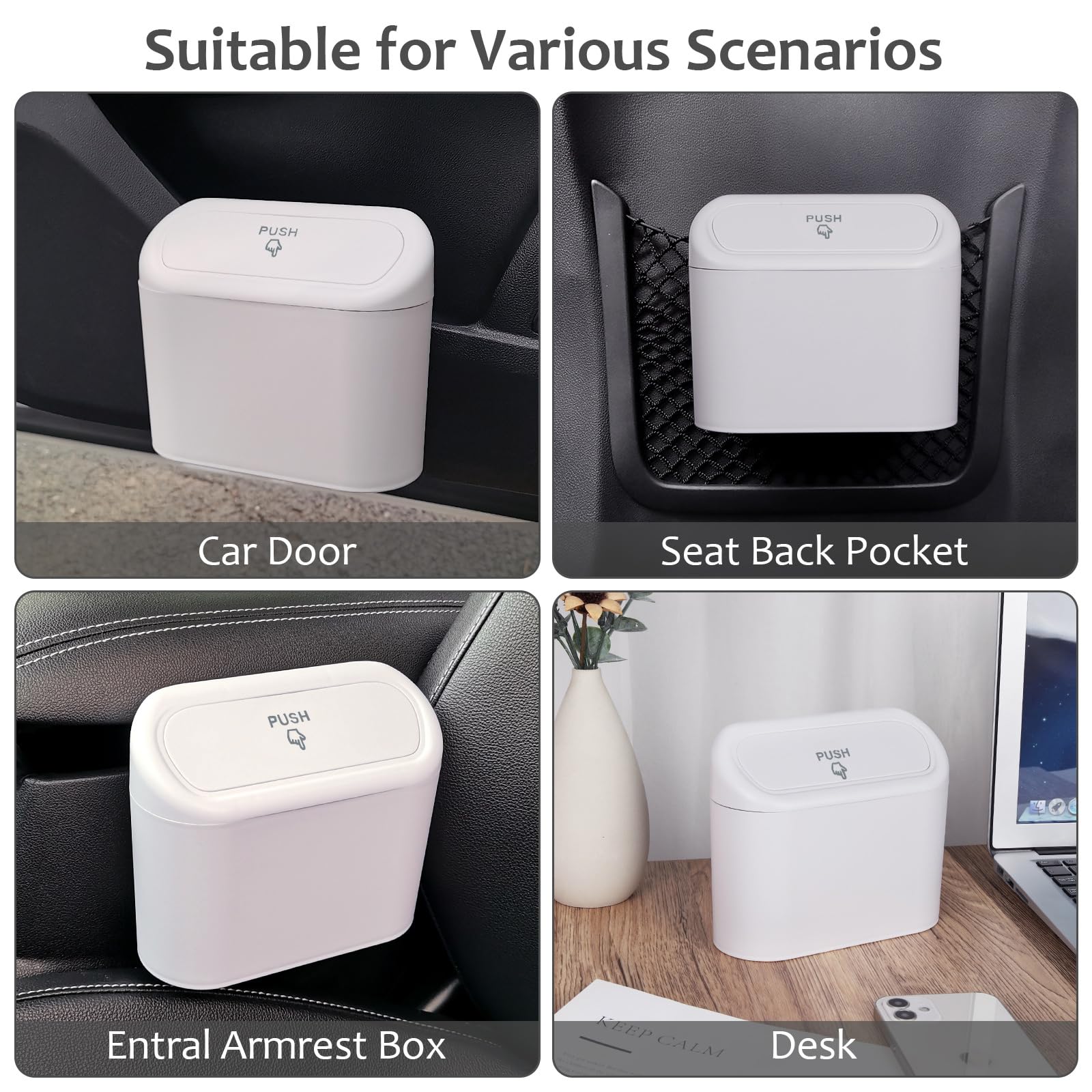 Accmor Car Trash Can With Lid, Vehicle Dustbin Garbage Organizer Holder With One Roll Bag, Mini Leakproof Storage Bin For Auto, Suv, Office (White)