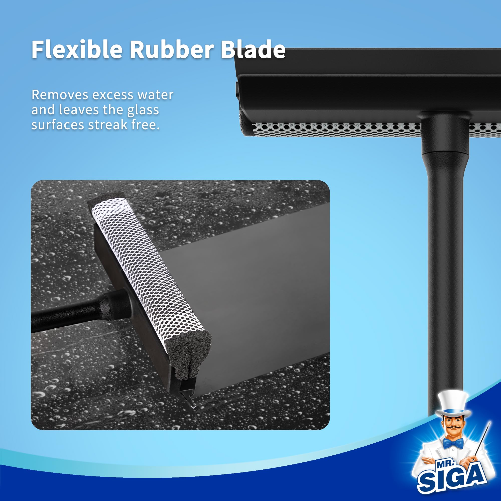 Mr.Siga Professional 2-In-1 Car Window Squeegee And Sponge Scrubber For Cleaning And Washing, Rubber Blade Cleaner With Handle,