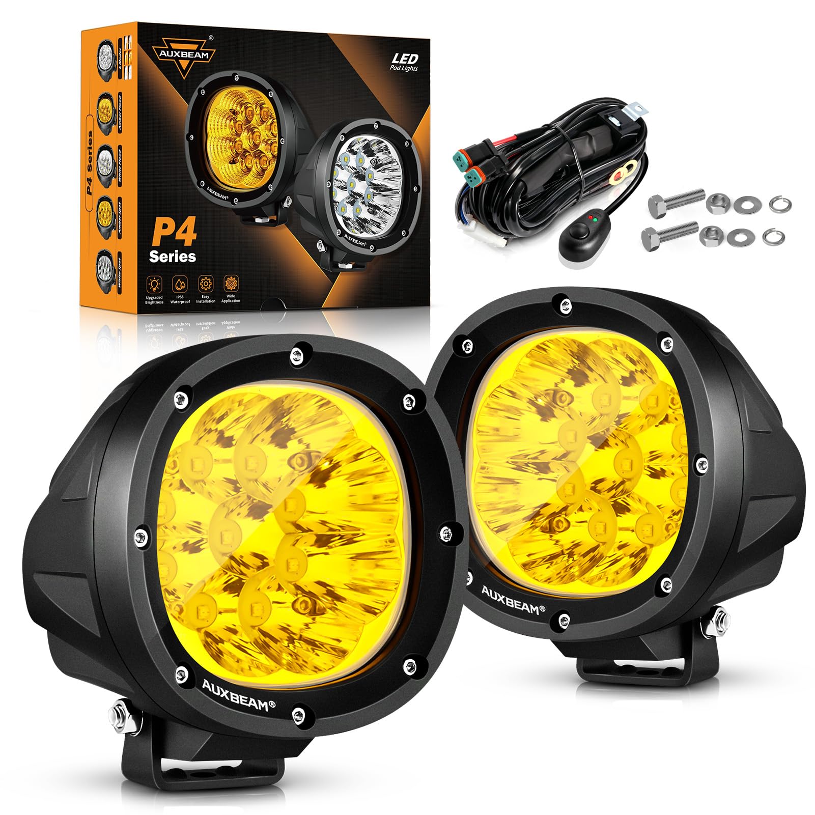 Auxbeam P4 Series Led Amber Fog Lights, 4 Inch 90W Yellow Round Offroad Light Bar, Spot Beam Off Road Led Pods Bumper Ditch Ligh