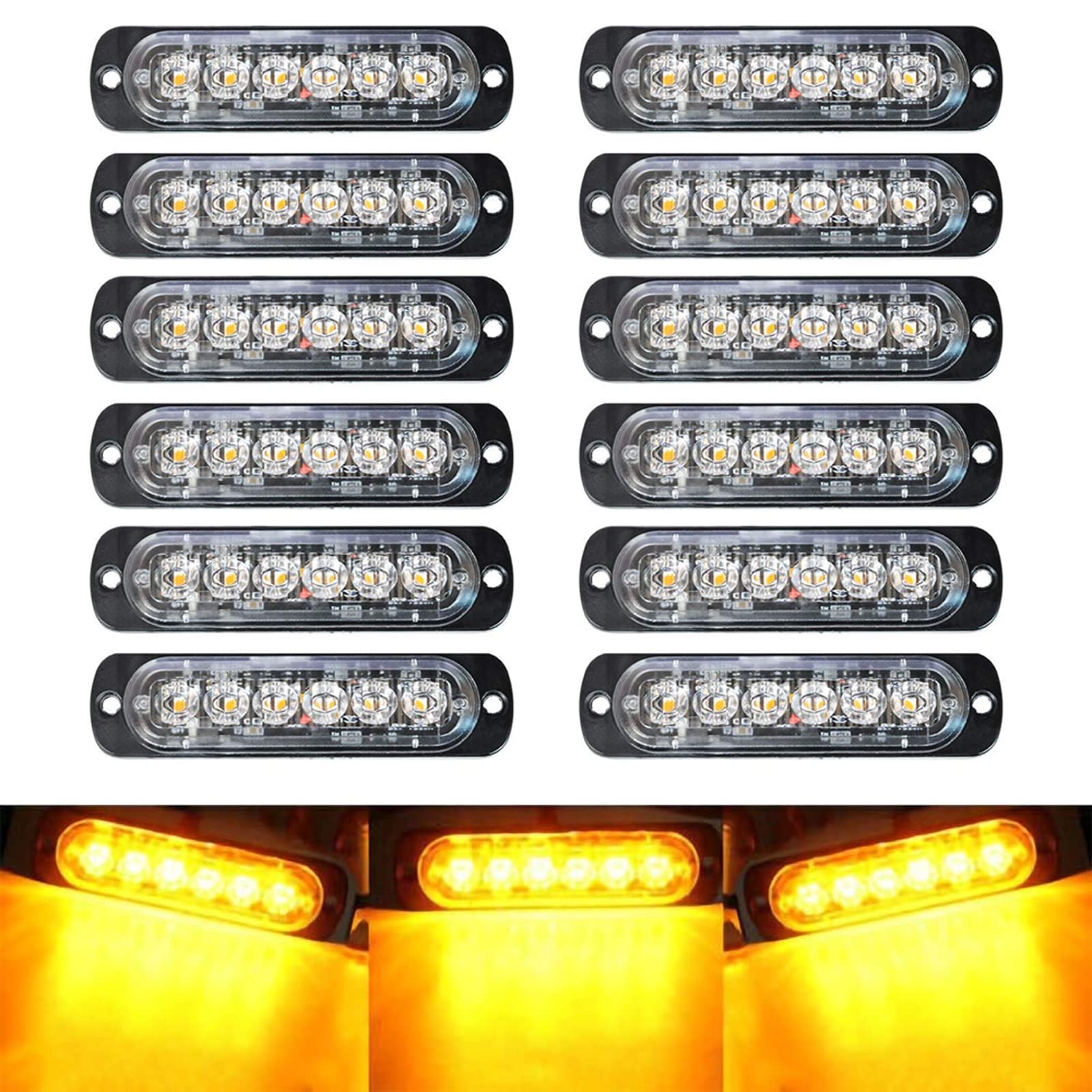 12-Pack 6 Led Amber Strobe Lights Vehicles Trucks Emergency Strobe Lights Kit 12V -24V Warning Hazard Flash Strobe Lights Bar Gr