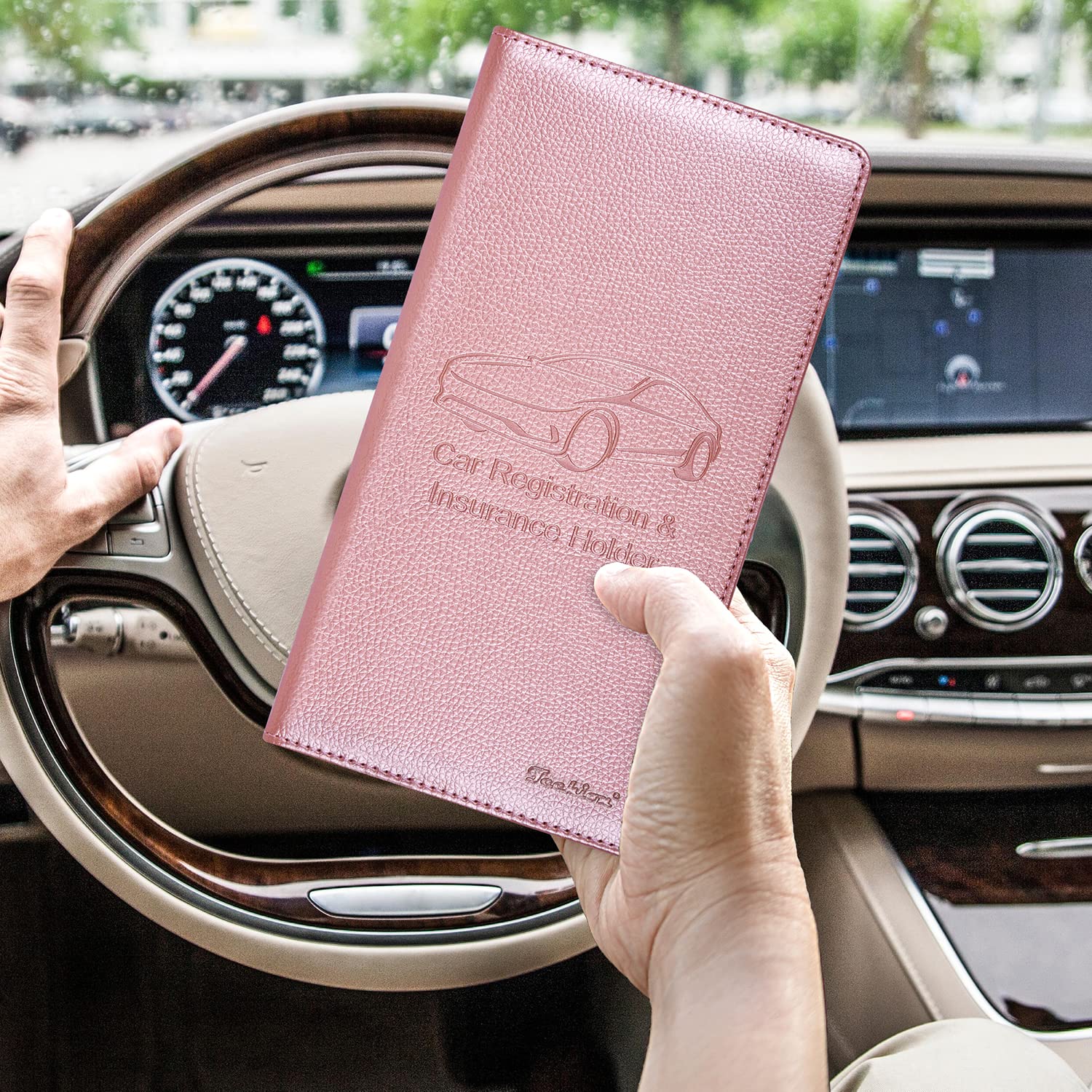 Techion Car Insurance And Registration Holder, 9.5 X 5 Inch Pu Leather Vehicle Glove Box Organizer Wallet Case For Insurance Card, Driver License, Paperwork - Rose Gold