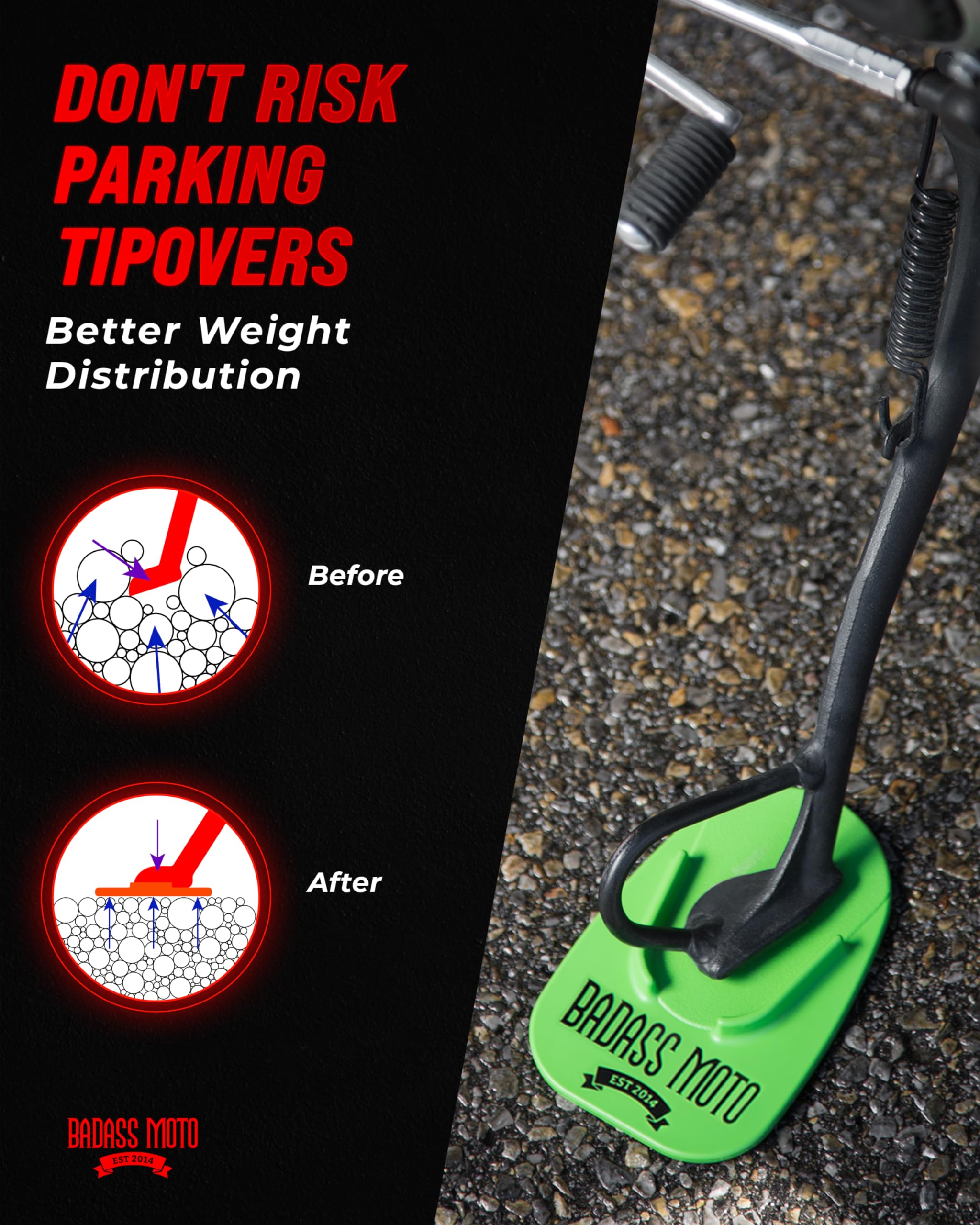 Badass Moto Motorcycle Kickstand Pad - Green - American Made in USA. Durable Biker Kick Stand Coaster/Support Plate Color Choice