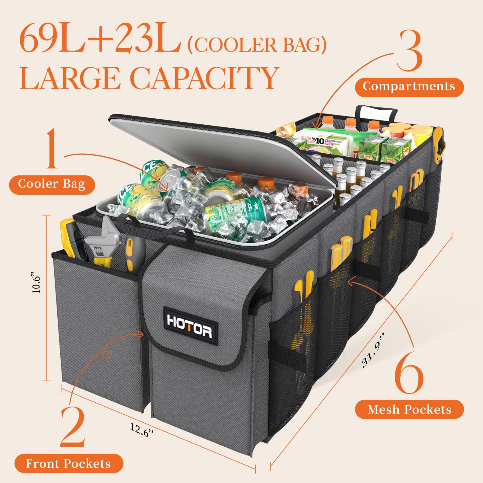 Hotor Trunk Organizer, Sturdy Foldable With Cooler For Car & Suv, 3 Compartments, Grey, 30.90     12.60     10.63