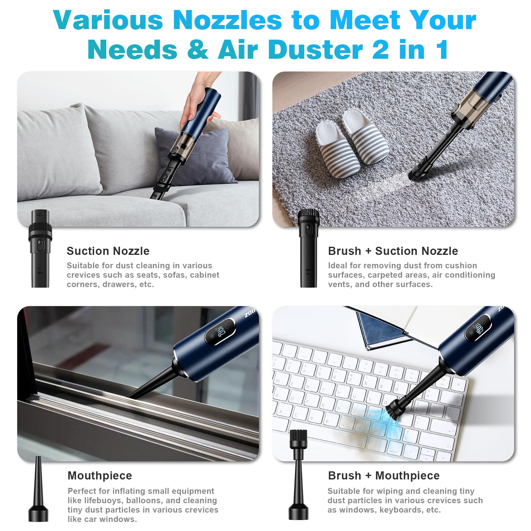 Car Vacuum, Portable Handheld Vacuum Cordless, 14000Pa Powerful Suction Vacuum Cleaner With Led Light And Air Duster 2 In 1,Low