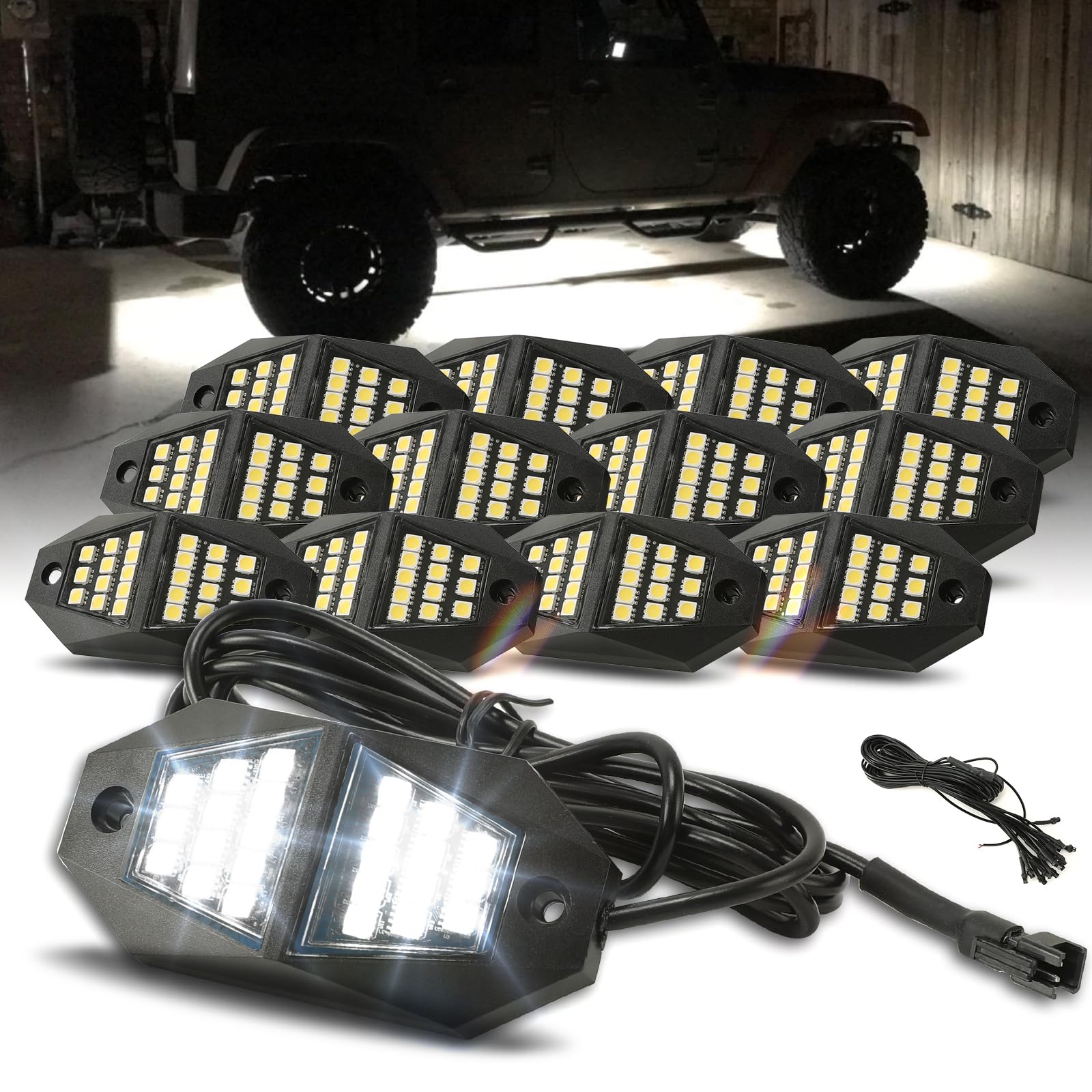 Winunite 12 Pods Quick Connect White Rock Lights, 24 Wide Angle Chips, 4M Extension Wires Each Light, 6000K Pure White, High Adh