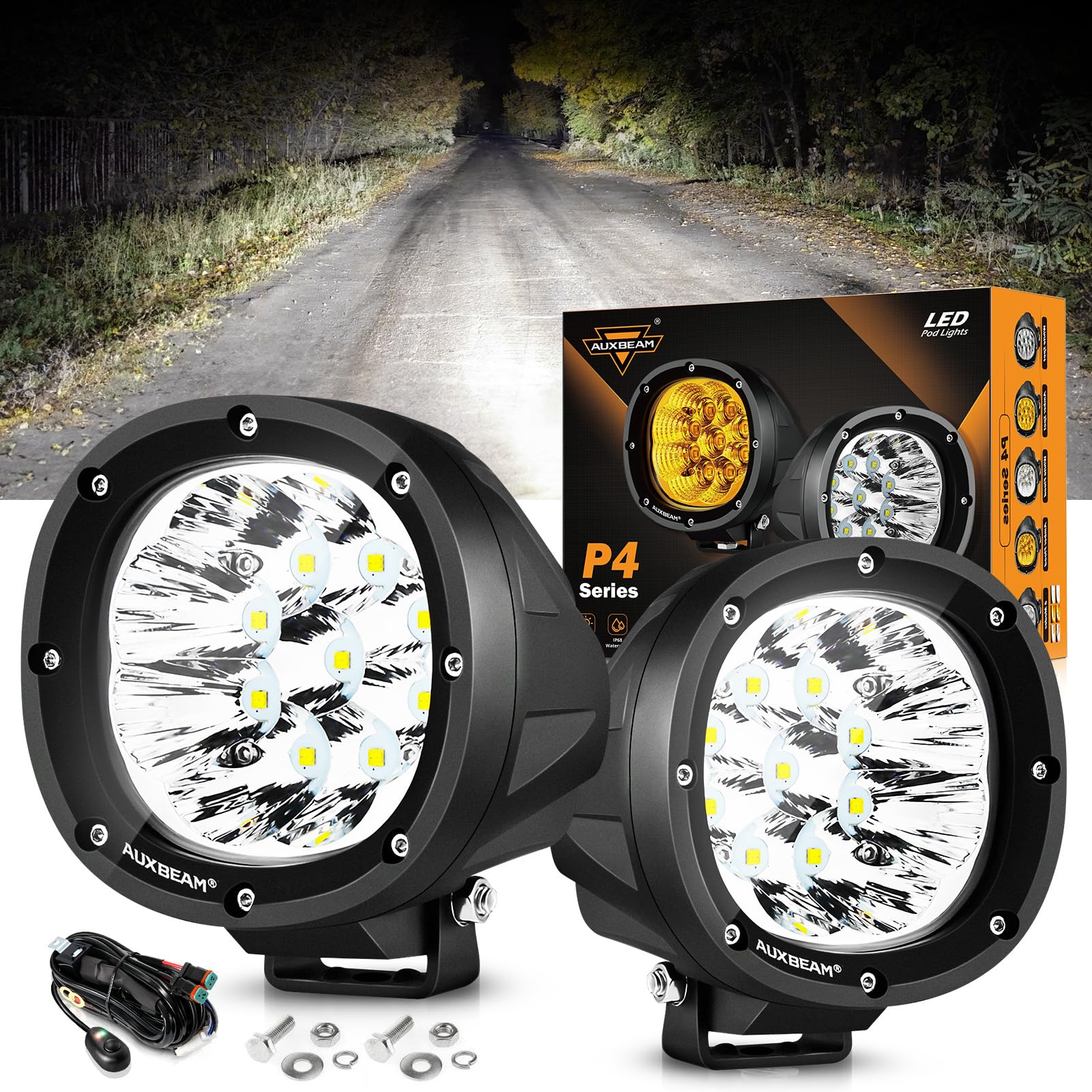 Auxbeam 4In 90W Round Led Offroad Lights, 2Pcs 9000Lm Led Light Pod Super Bright Round Driving Light With Wiring Harness Kit Spo