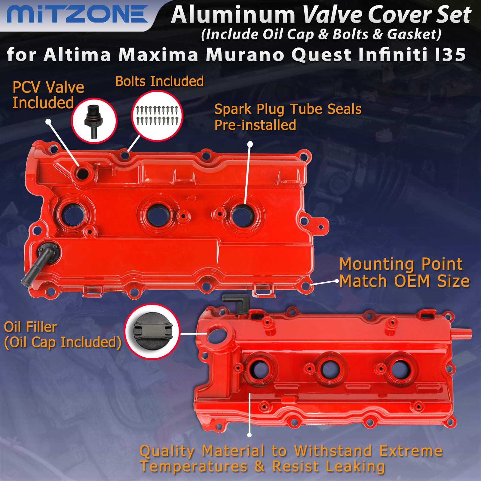 Mitzone Upgrade Aluminum Valve Covers Front & Rear Compatible With 2002-2009 Nissan Altima Maxima Murano Quest Infiniti I35 Vq35