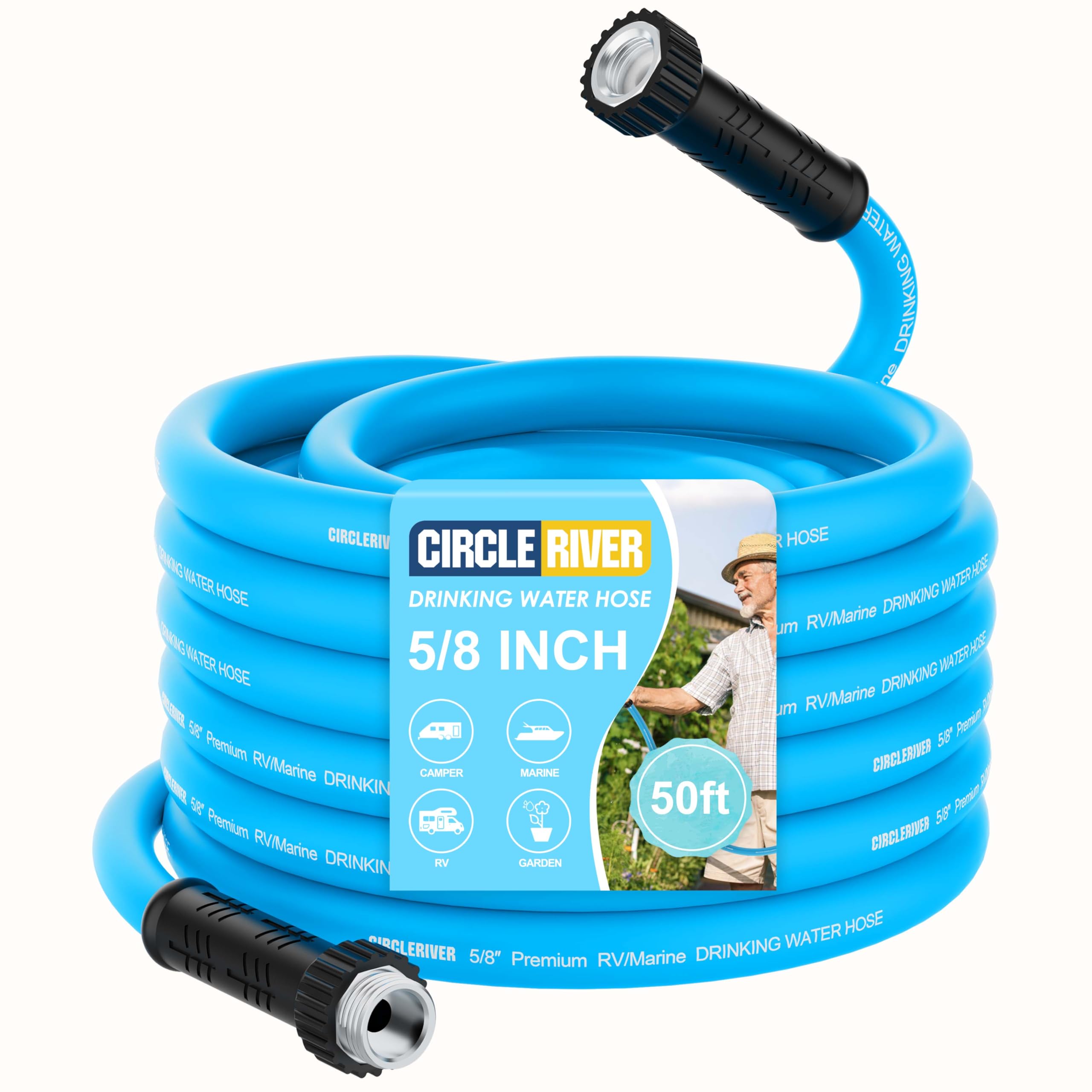 CircleRiver RV Water Hose 50FT, 5/8'' Premium RV Drinking Water Hose for RV, Camping, Marine, Trailer and Truck, BPA Free, Anti-