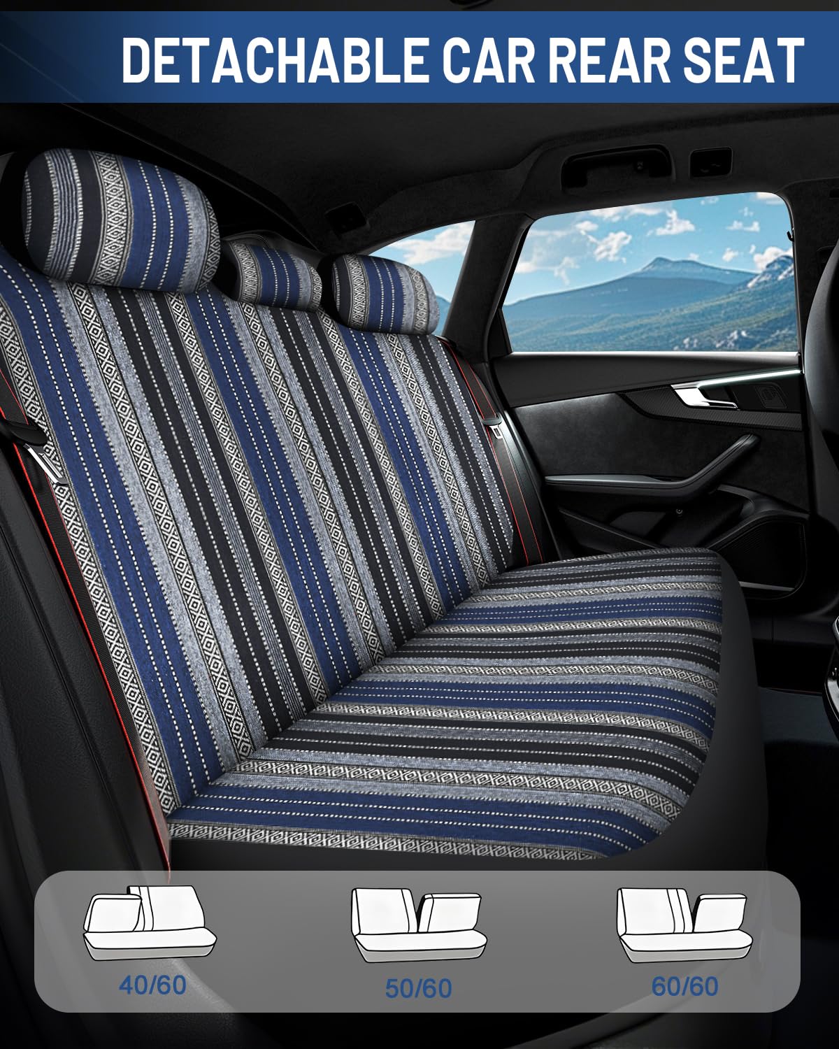 Sino Salected Baja Saddle Blanket Car Seat Covers Full Set with Seat Belt Pads and Steering Wheel Cover, Washable Breathable Str