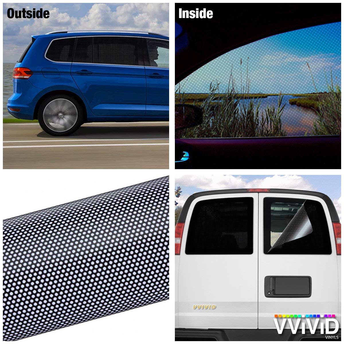 Vvivid Black Perforated One-Way Vision Vinyl Automotive Window Wrap Roll (72' X 48')