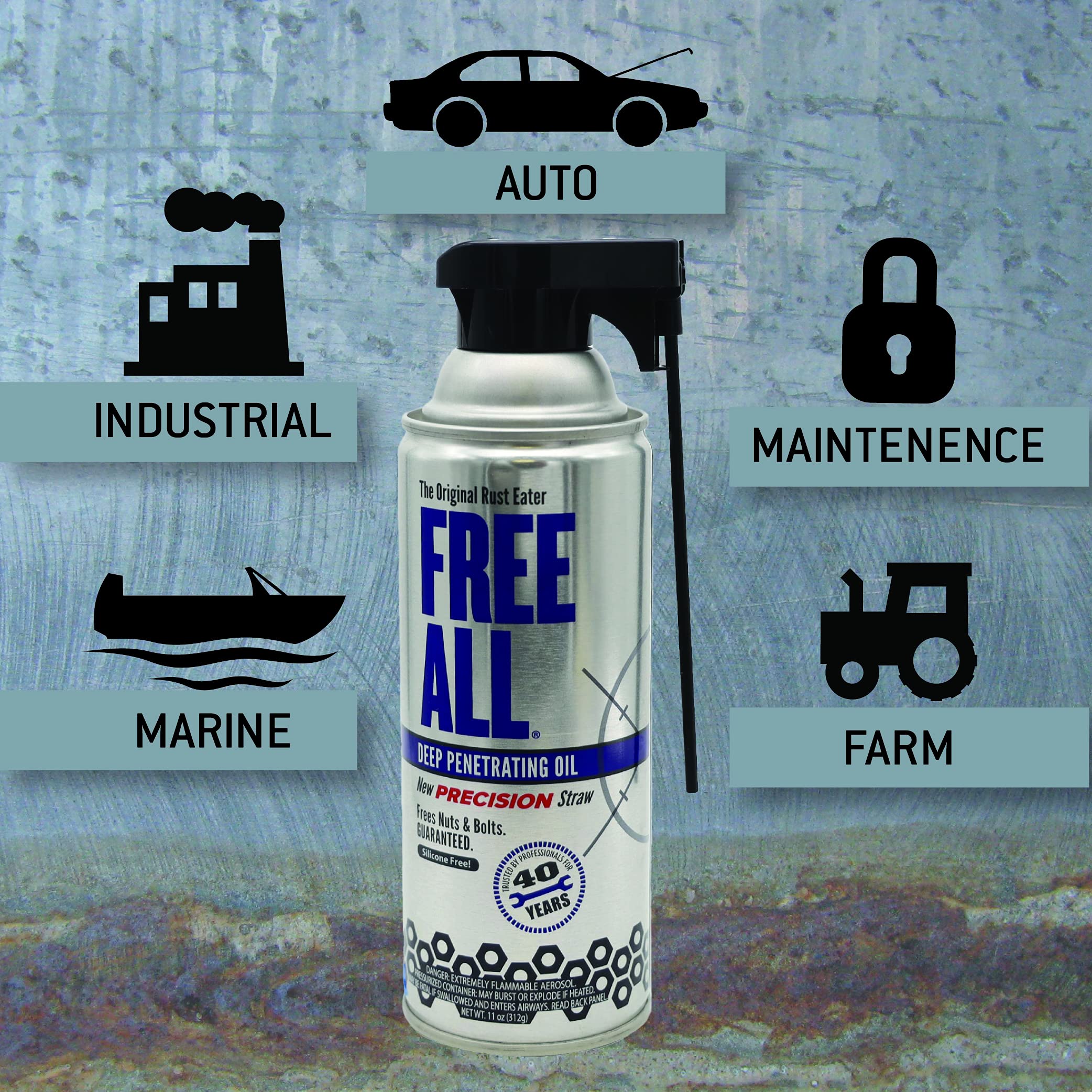 Free All Rust Eater Deep Penetrating Oil,11Oz Precision Straw, Loosens Rusted Bolts, Nuts, Pipe Connections & Locks, Industrial-