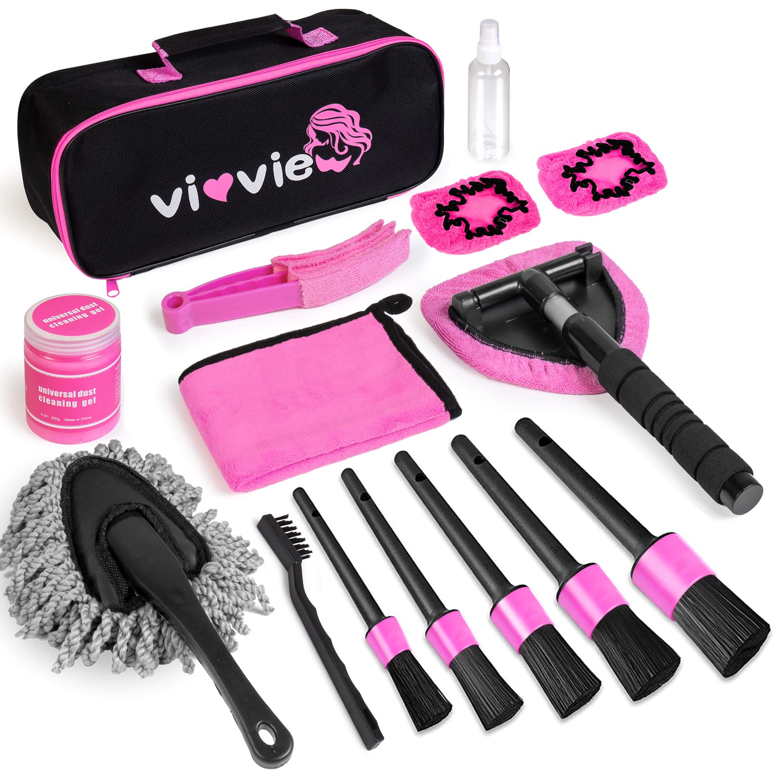 Vioview Pink Car Cleaning Kit, Car Detailing Kit Interior Cleaner With Windshield Cleaning Tool, Detailing Brush Set, Cleaning G