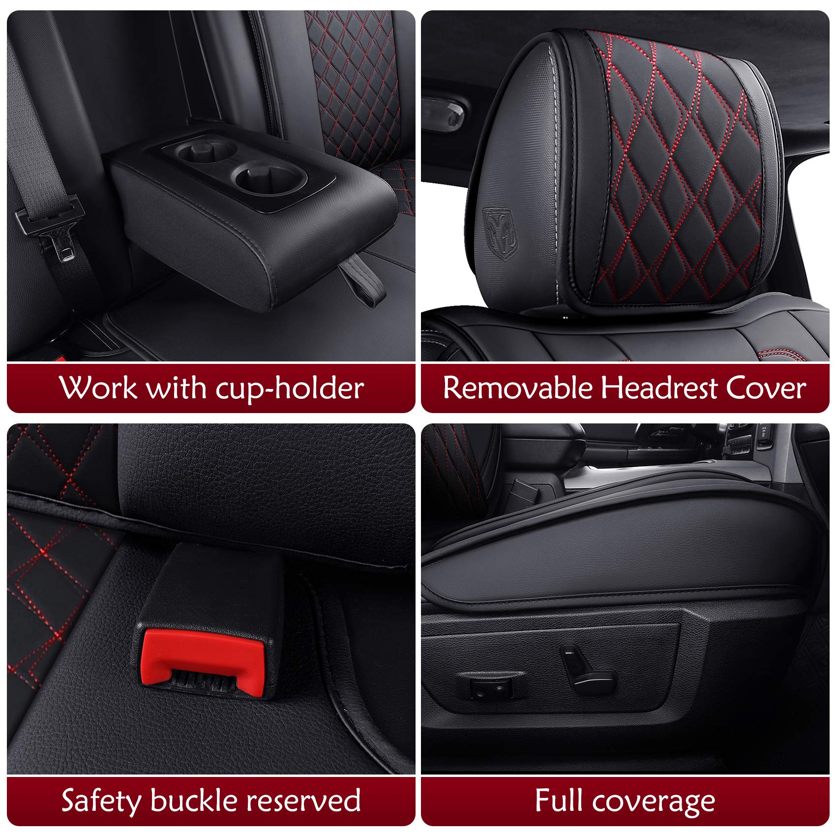 Aierxuan Dodge Ram Car Seat Covers Full Set Waterproof Leather Custom Fit 2009-2024 1500, 2010-2024 2500/3500 Crew Quad Regular Cab Truck Pickup With Split Bench 60/40(Full Set/Black-Red)