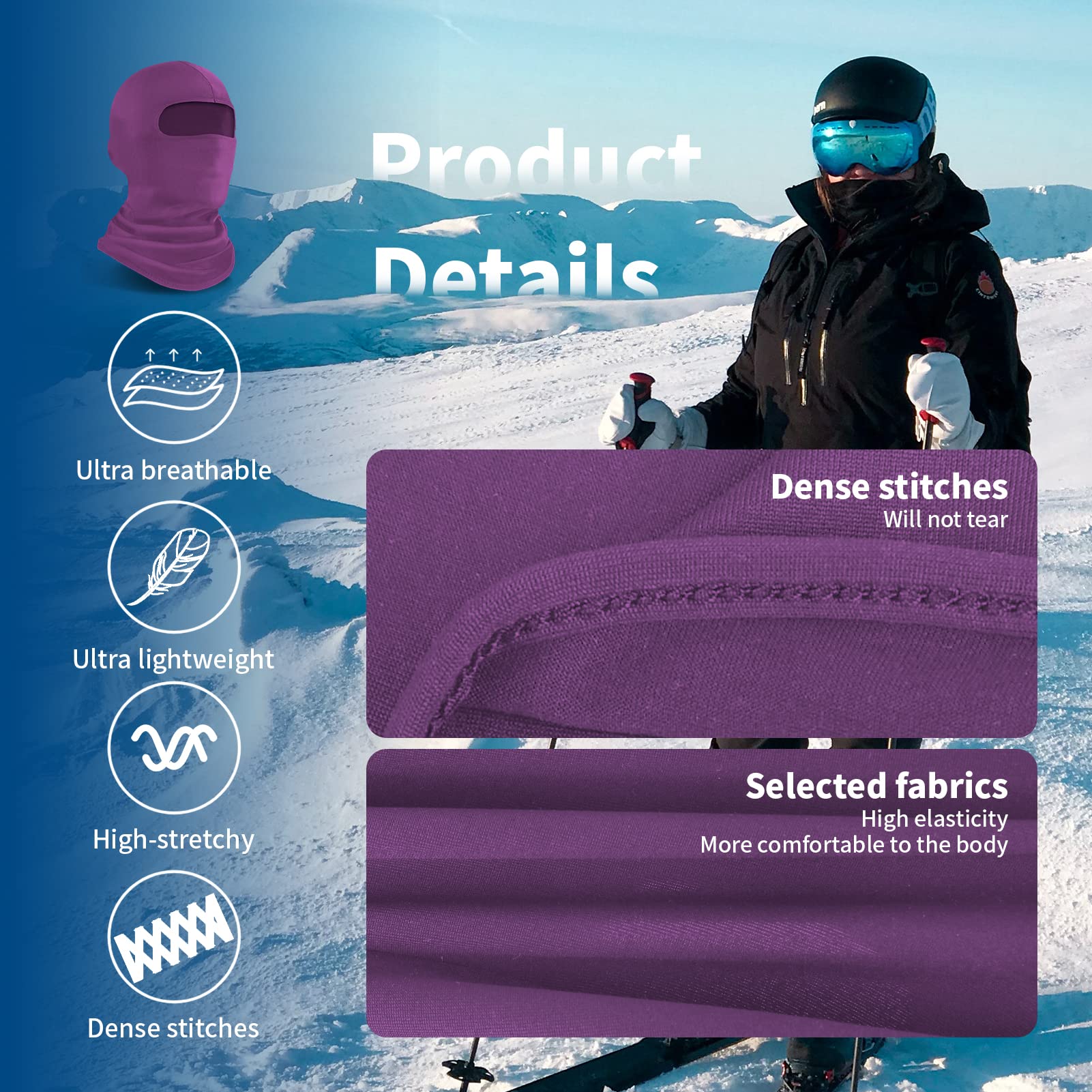 Yeslife Purple Ski Mask, Face Mask For Men And Women, Skiing, Snowboarding, Motorcycle, Uv Protection & Wind Protection, Hat