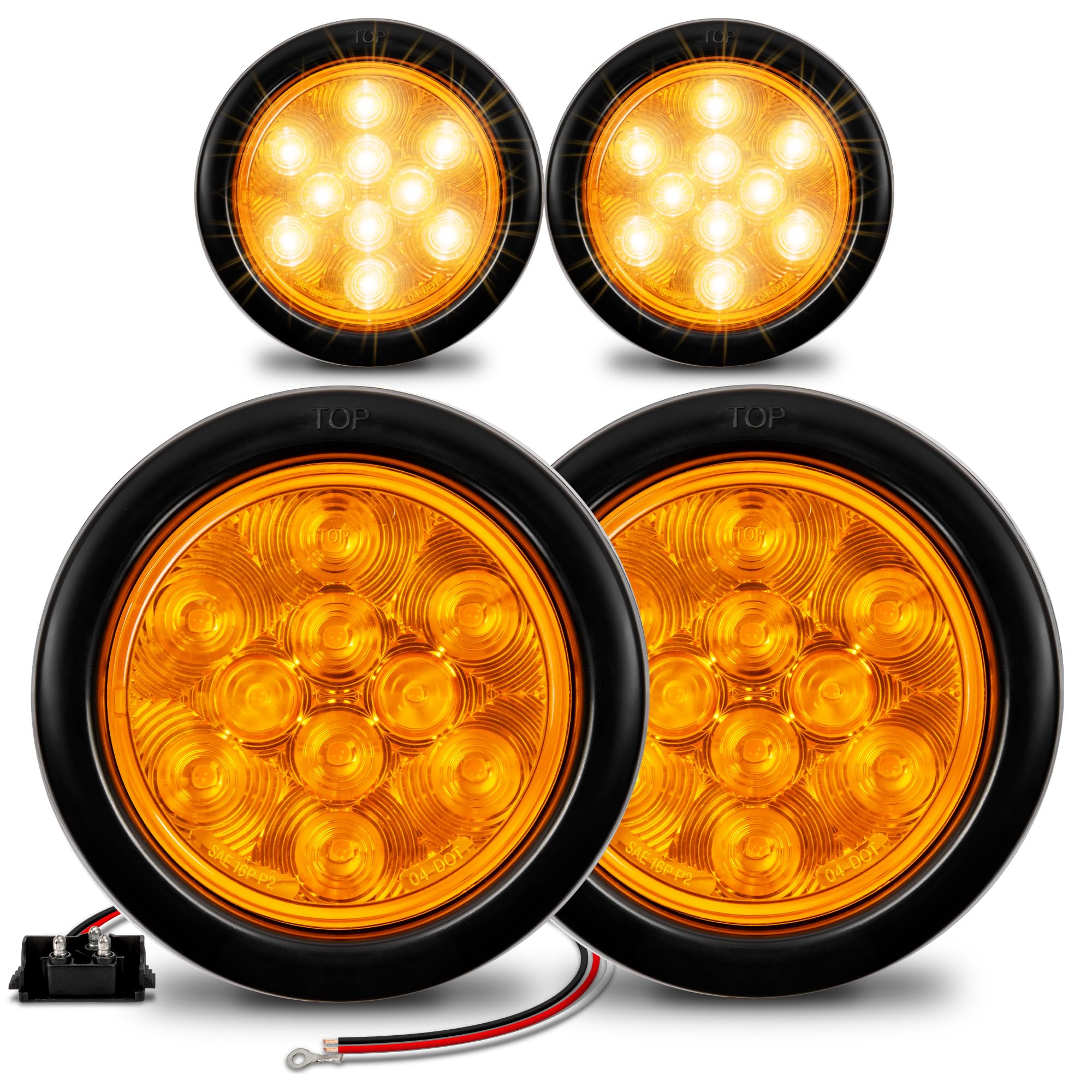 TRUE MODS 4pc 4 Round Amber 10 LED Trailer Tail Lights [DOT FMVSS 108] [SAE I6] [Grommet & Plug] [IP67 Waterproof] Park Turn Boa