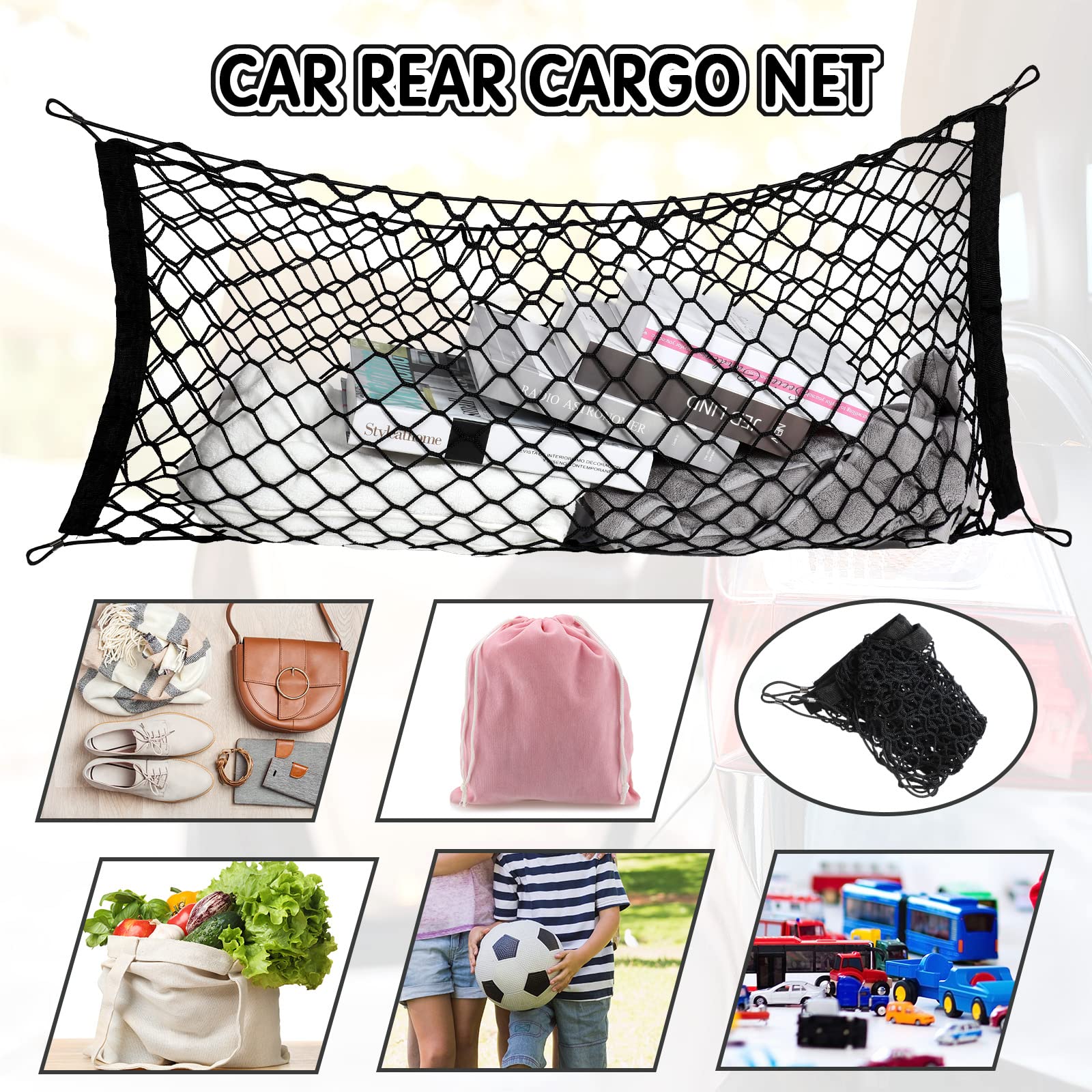 Automotive Cargo Net Stretchable And 3 Pocket Trunk Net Organizer Black Car Interior Accessories Cargo Storage Mesh Net Truck Bed Grocery Holder With Hooks Screws Buttonholes (35.4 X 15.7 Inches)