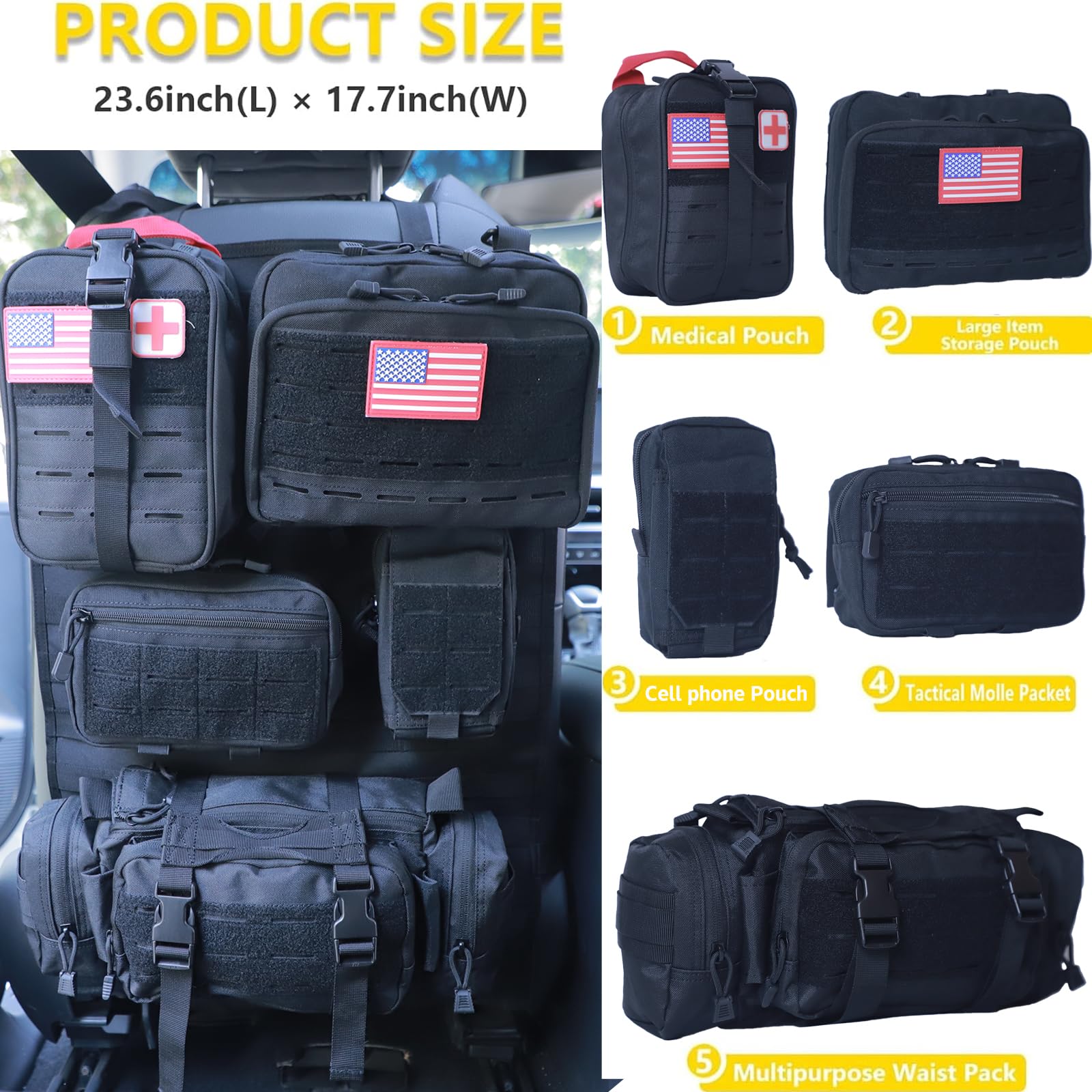 Universal Tactical Car Seat Back Organizer Bag Tactical Molle Vehicle Organizers Panel Vehicle Protector Organizers With 5 Detac