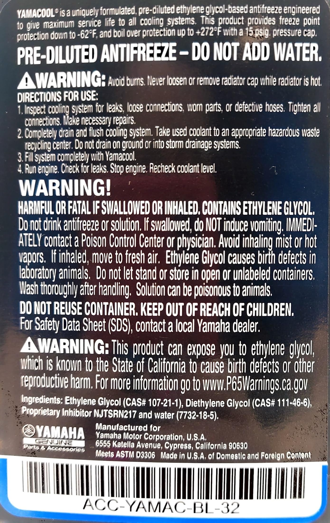 YAMAHA Original OEM Yamalube ACC-YAMAC-BL-32 Pre Diluted Antifreeze Yamalube OEM - (1) Quart