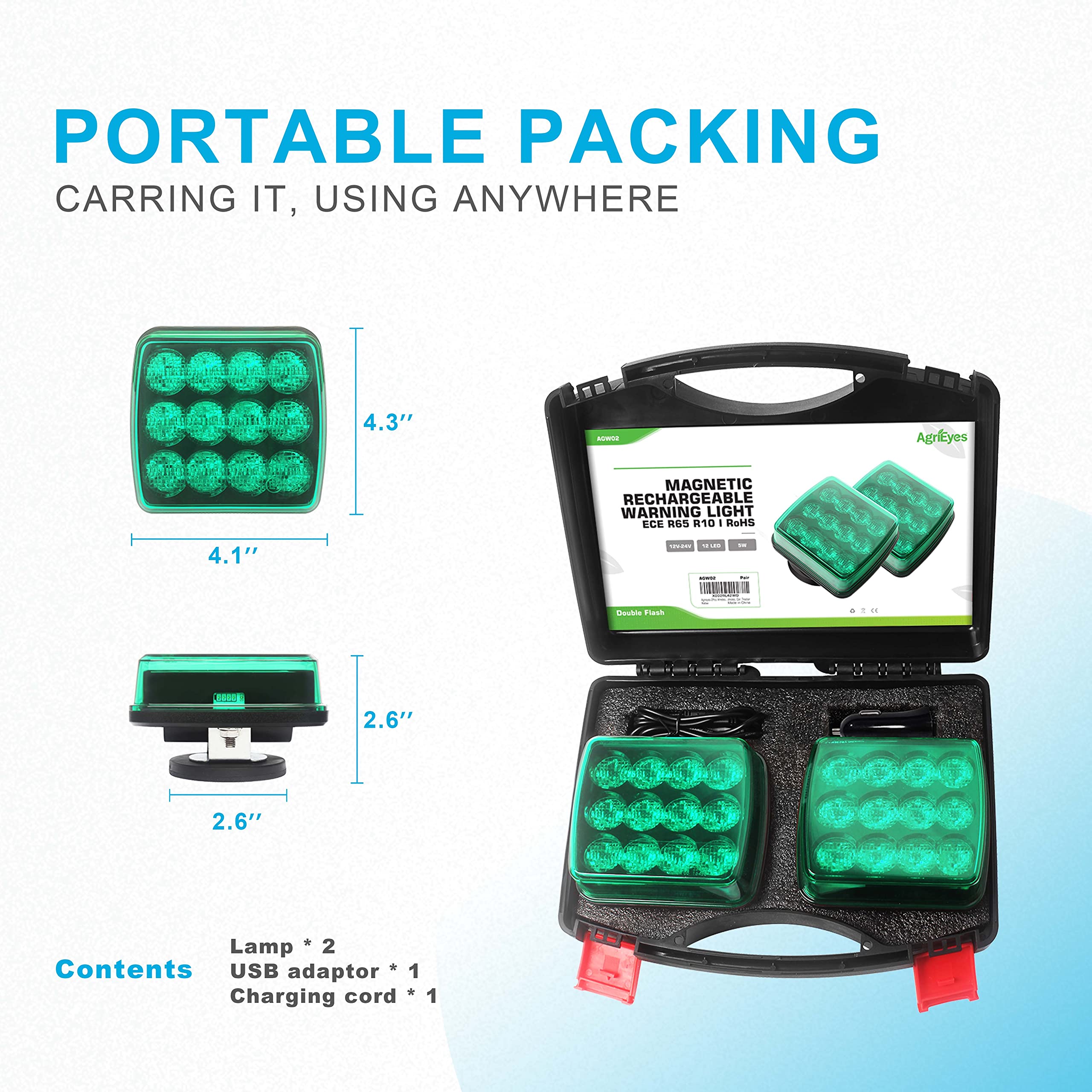 Agrieyes 2Pcs Wireless Emergency Strobe Lights For Trucks,Vehicles, Rechargeable Led Beacon Lights With Super Magnetic, 12-24V, Plow Flashing Hazard Warning Light For Tractor,Automotive, Boat (Green)