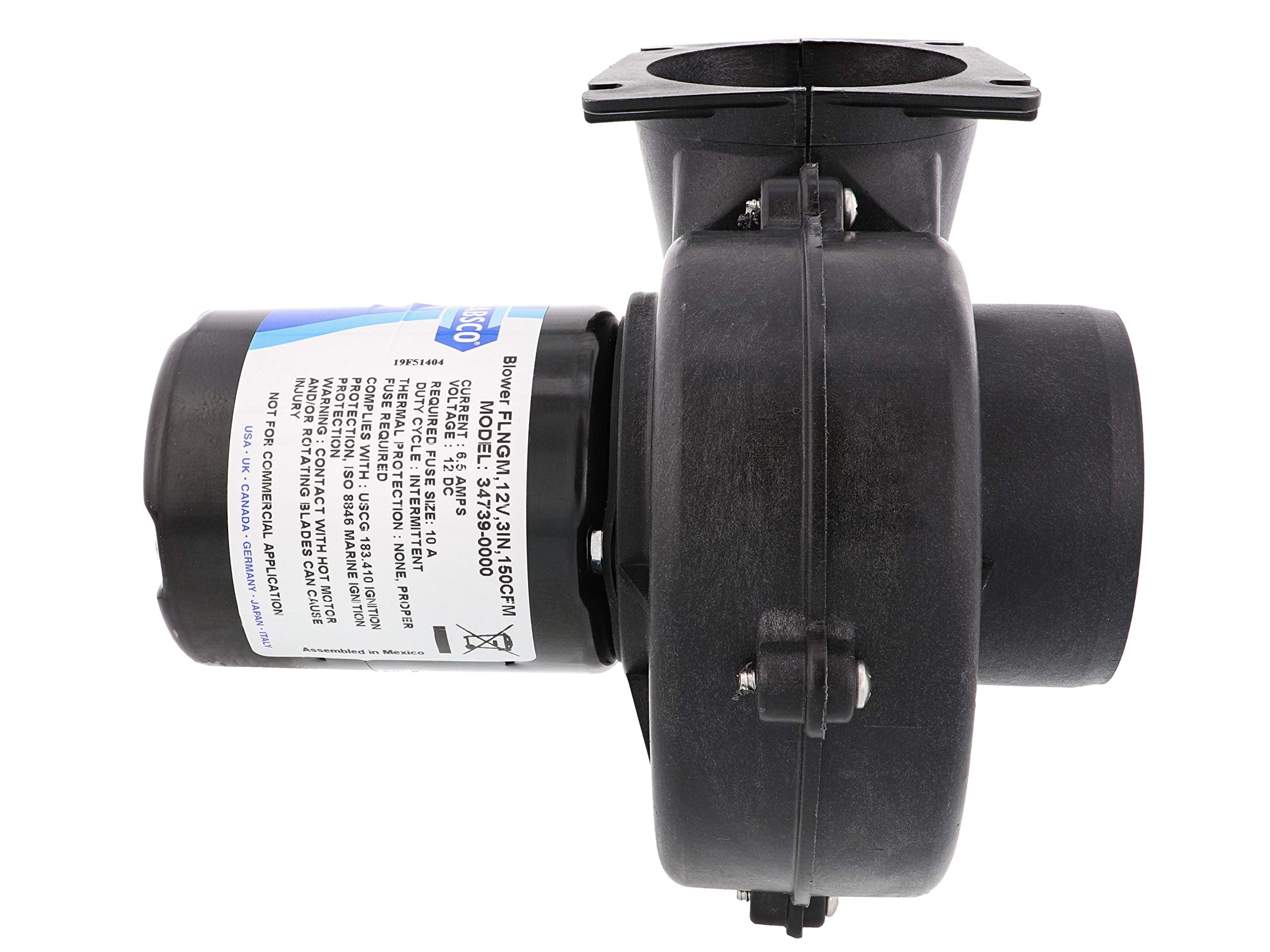 Jabsco 34739-0020 Flange Mount Blower, 3 Inch, 150 Cfm, 24 Volt Dc Black