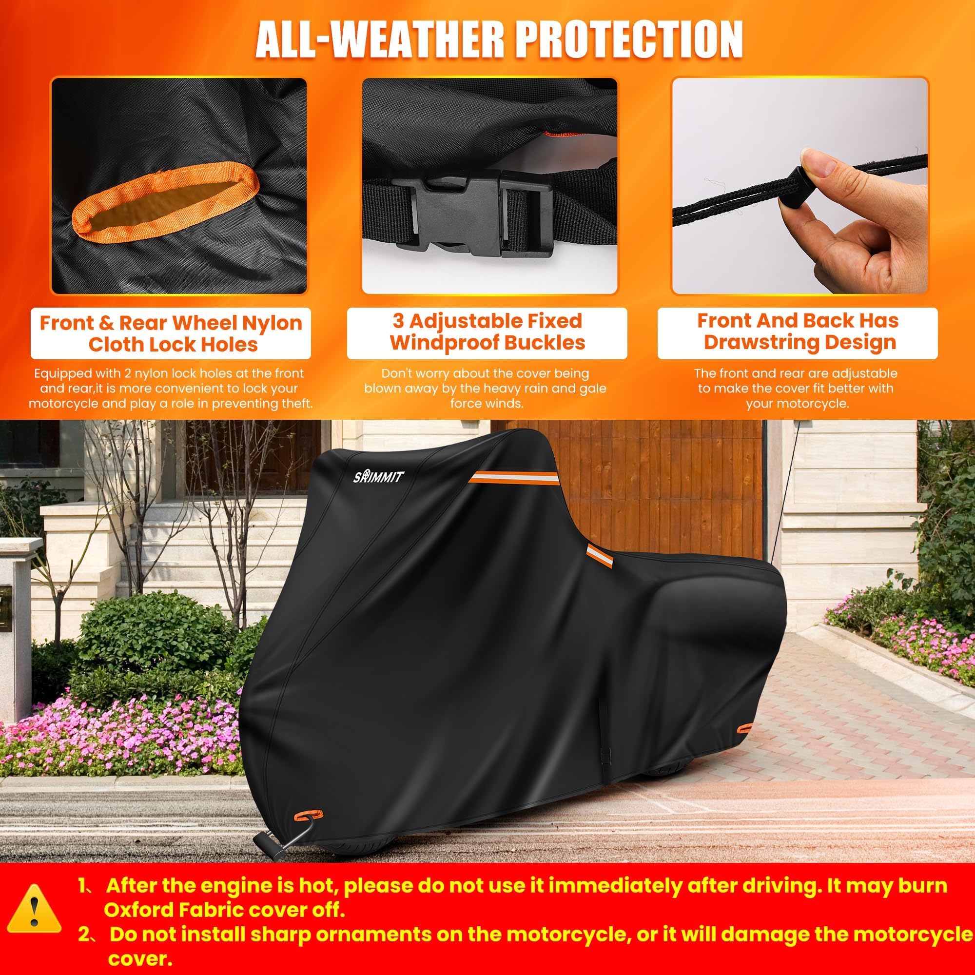 Motorcycle Cover Waterproof Outdoor,420D Motorcycle Cover Heavy Duty,Silver Nano Coating,5 Reflective Strips,2 Air Vents,3 Windp