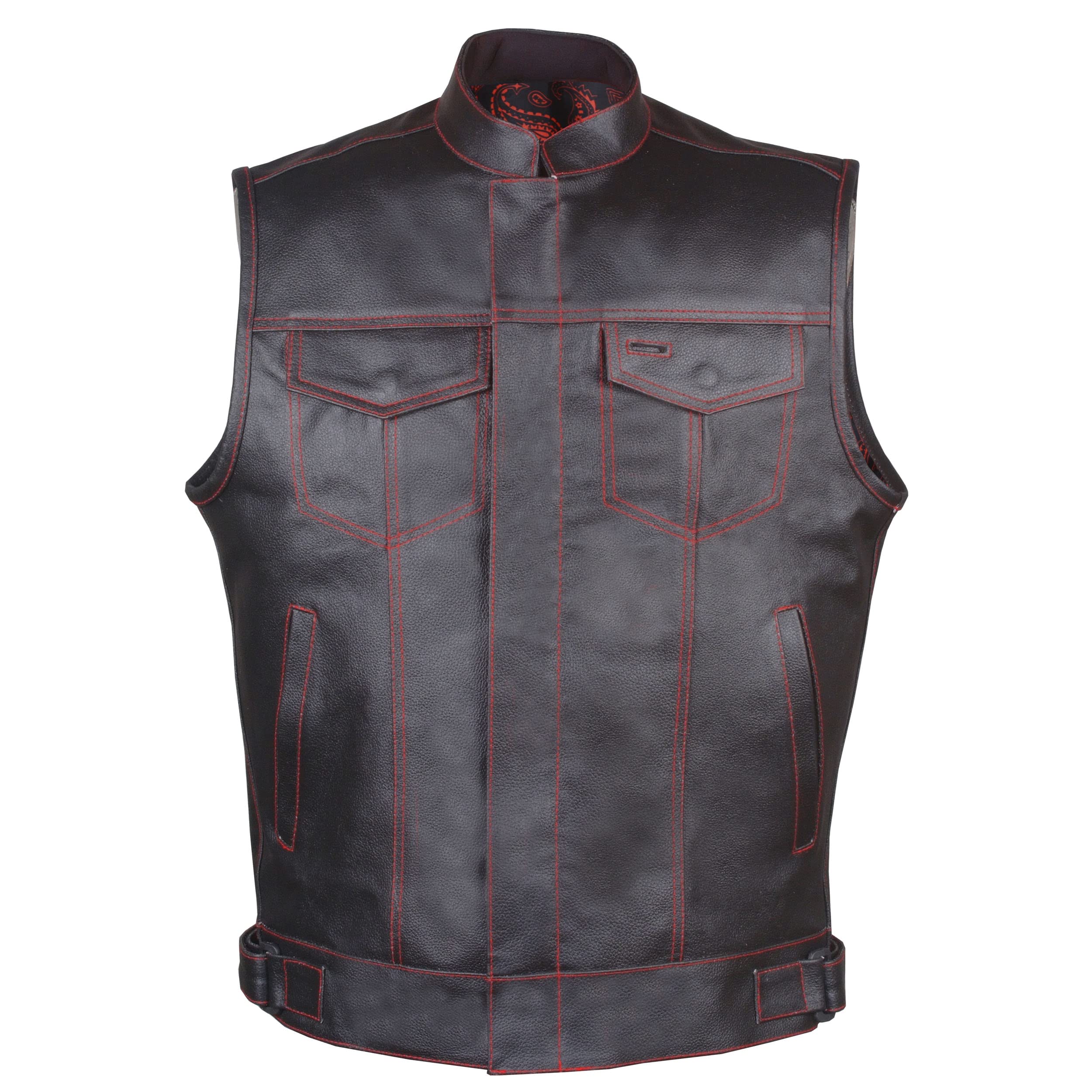 Soa Men'S Leather Motorcycle Concealed Gun Pockets Biker Club Vest W/Armor Paisley Red 3Xl