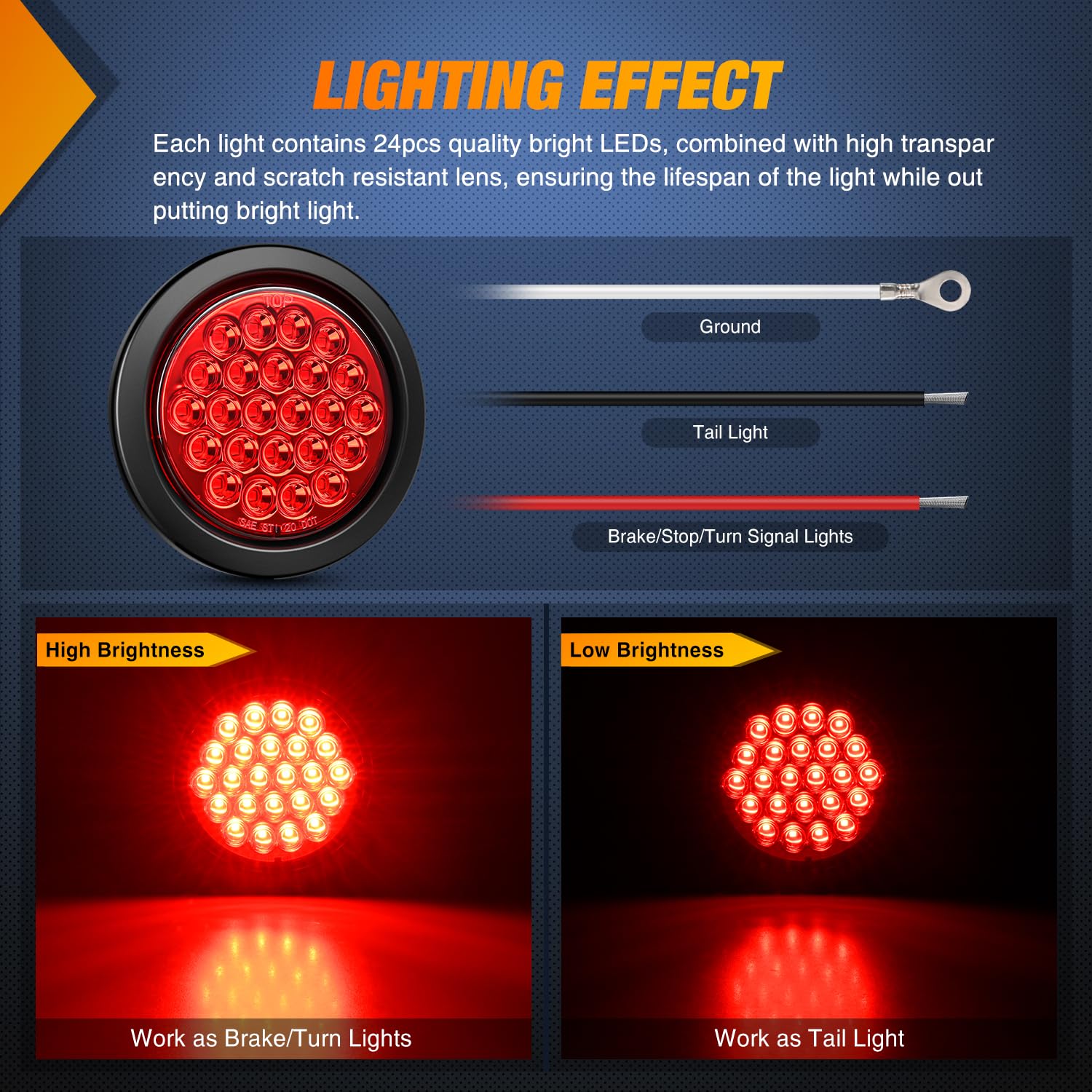 Nilight 4Inch Round Trailer Tail Light 4Pcs 24Led Red Stop Brake Turn Marker Light W/Flush Mount Grommets Plugs Ip67 Waterproof