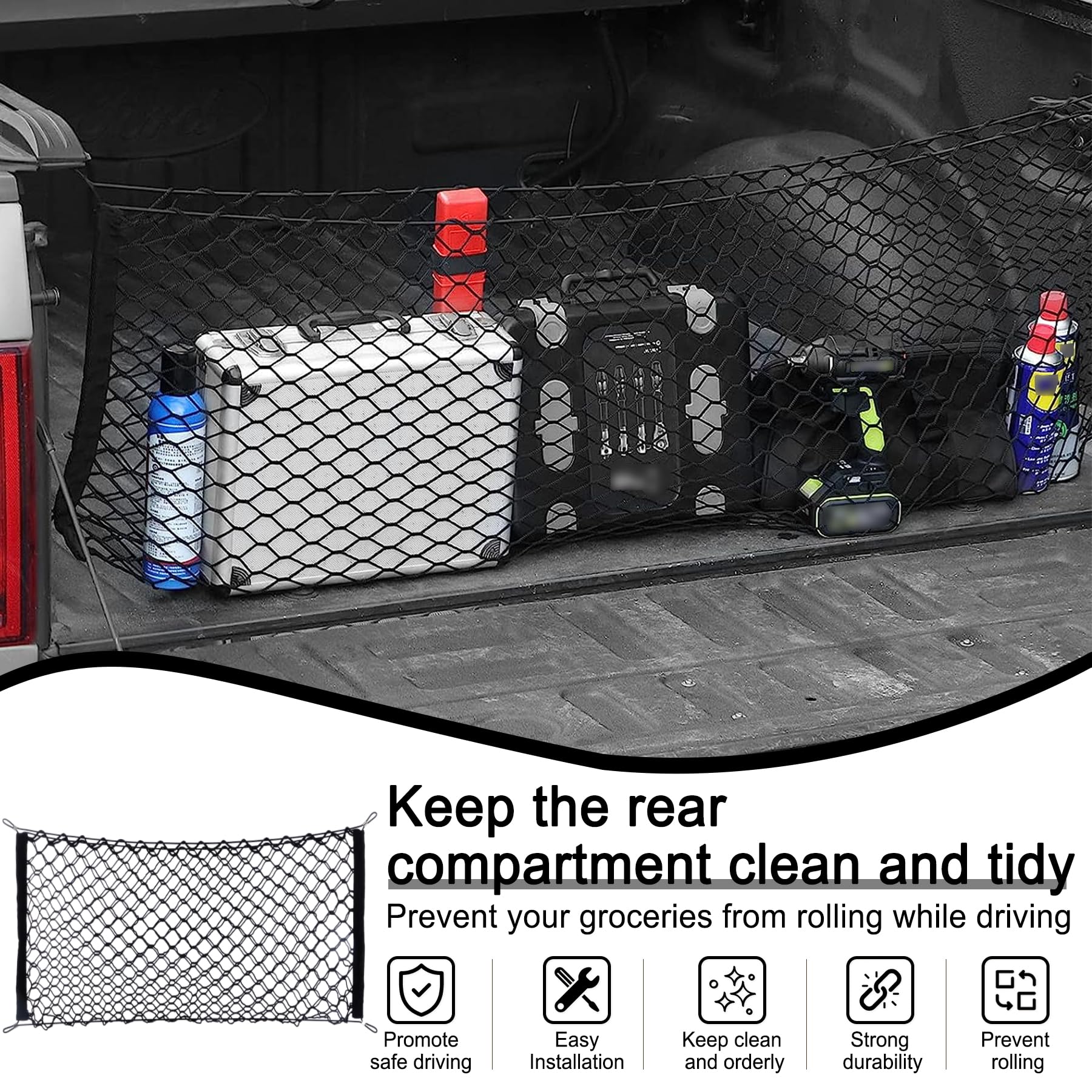 Amiss Truck Bed Cargo Net Stretchable, Adjustable Trunk Storage Net With Hook, Accessories For Pickup Bed Divider Organizer And