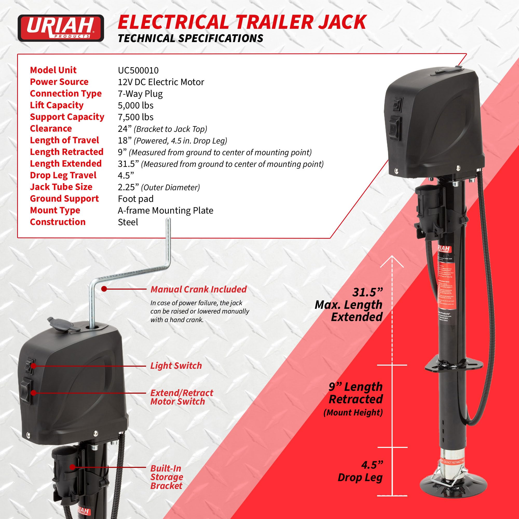 Uriah Products 5000 Pound Lift Capacity 12 Volt 7 Way Connector Electric Trailer Jack With Easy To Use Switch And Oversized Adjustable Footpad, Black